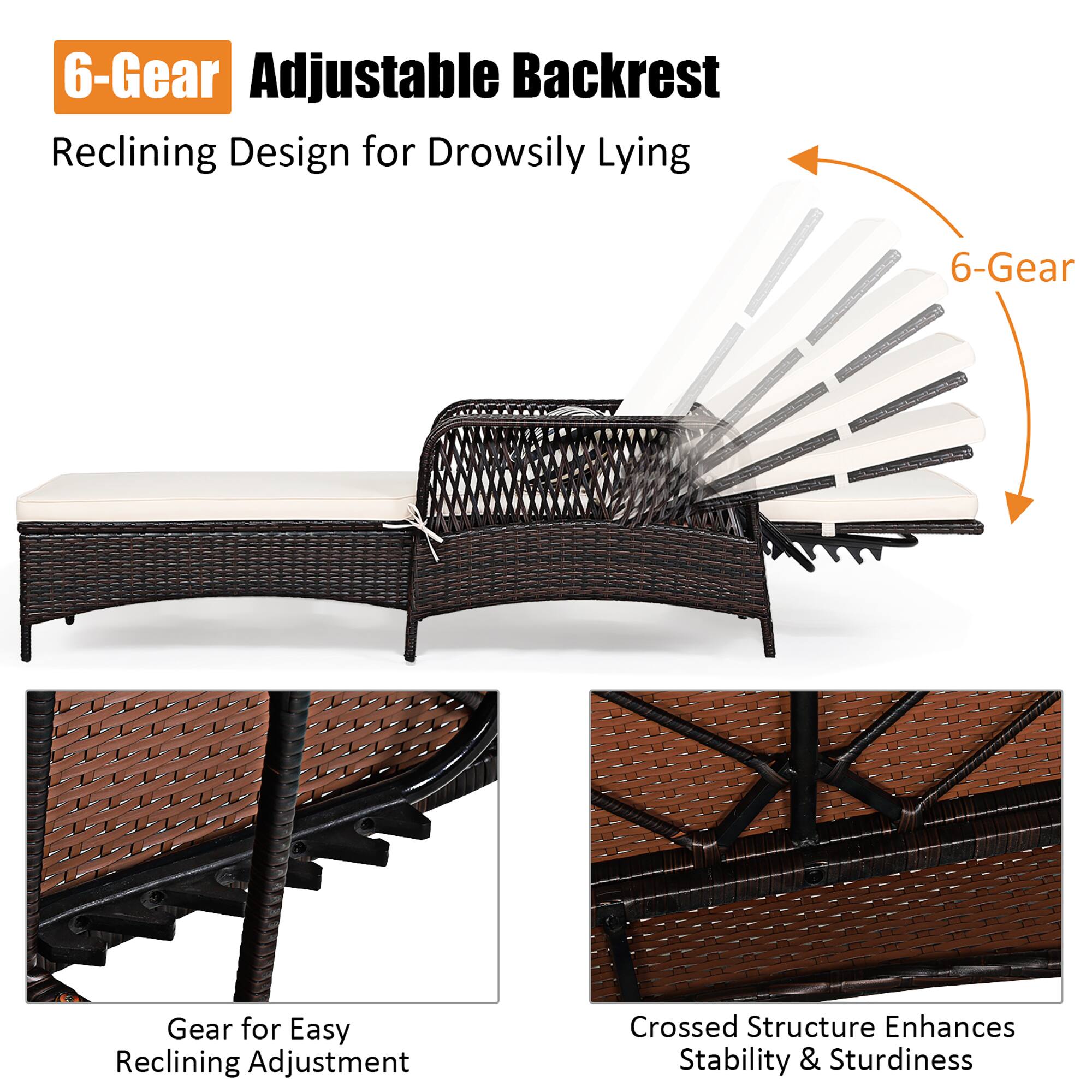 The text on the image is grouped and corrected as follows:

6-Gear Adjustable Backrest Reclining Design for Drowsily Lying:

* 6-Gear Gear for Easy Reclining Adjustment
* Crossed Structure Enhances Stability & Sturdiness