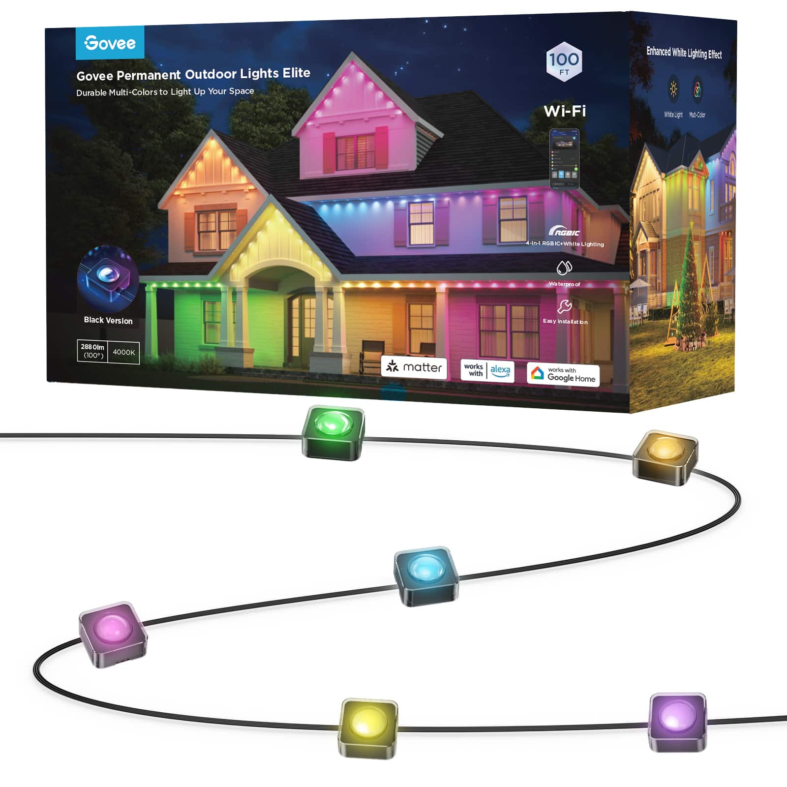 Govee - Wi-Fi RGBIC Outdoor Permanent String Lights 100ft - Black - Front_Zoom
