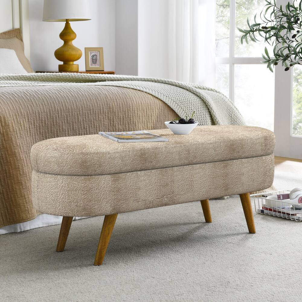 Angle. Ropilly - Ropilly Oval Storage Bench Pleated Fabric Ottoman with Rubber Wood Legs Brown - Brown.