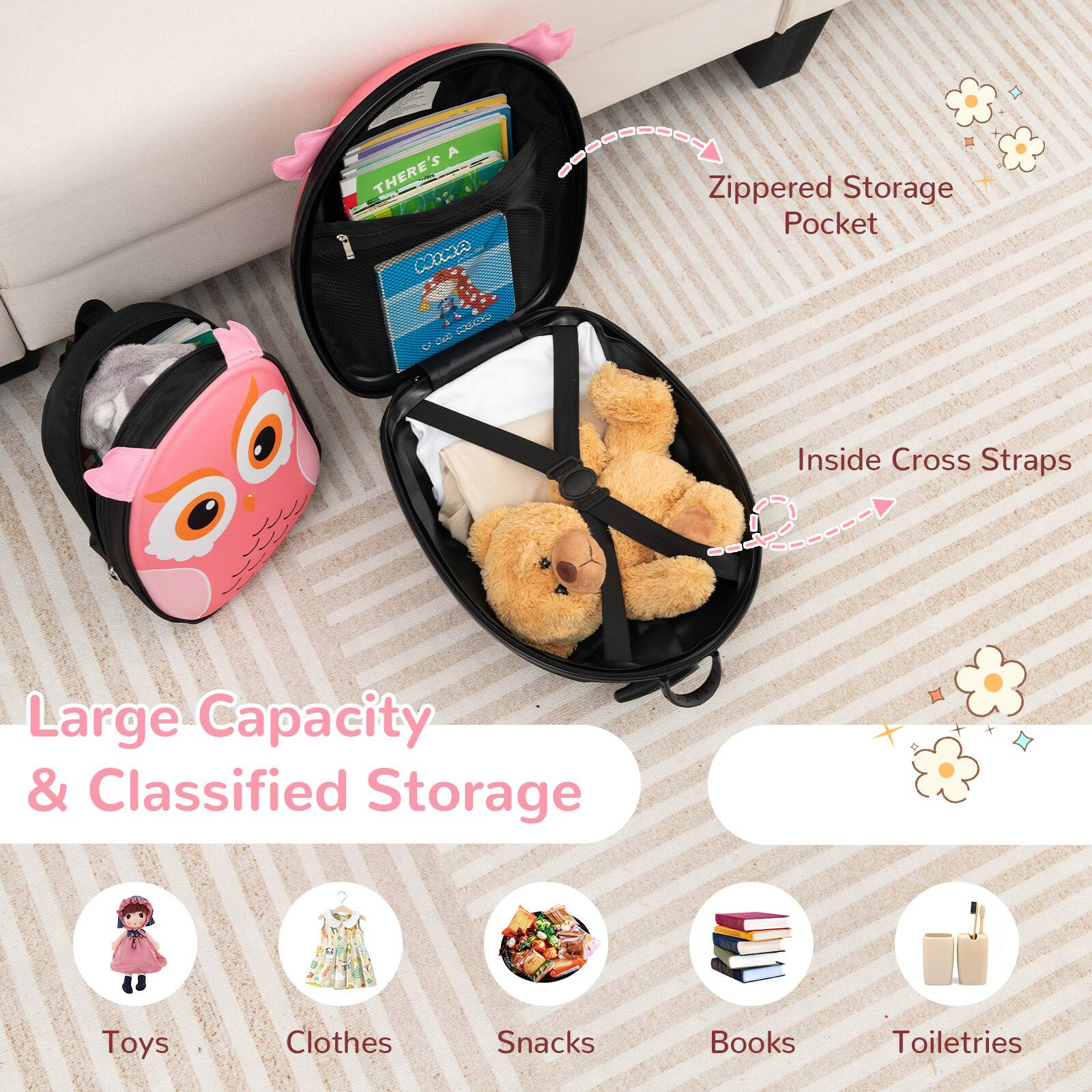 A There's a Co00a Zippered Storage Pocket EAAN O4D Inside Cross Straps Large Capacity & Classified Storage Toys Clothes Snacks Books Toiletries
