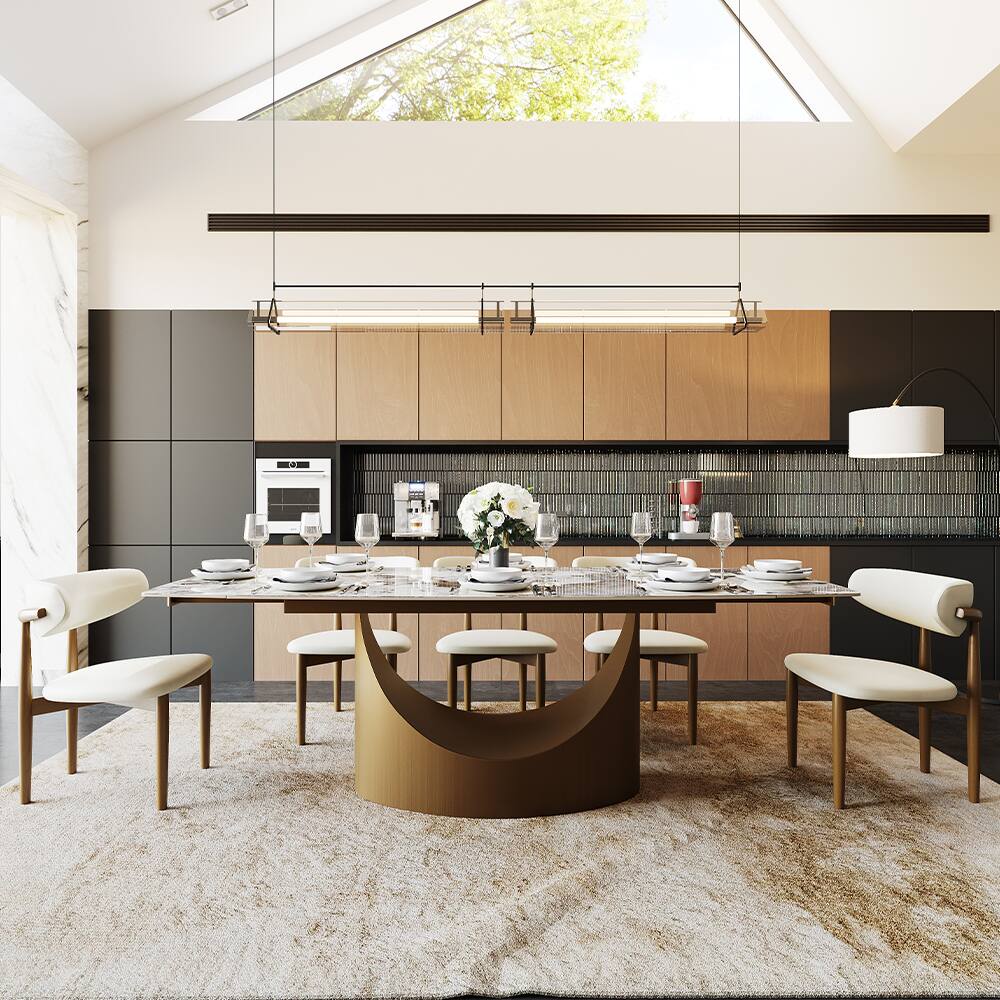 Angle. POVISON - 71"-95"Extendable Modern Gold Dining Table for 6-10, Rectangular Glossy Sintered Stone Tabletop, Bronze Carbon Steel Leg - Pandora Sintered Stone with Bronze.