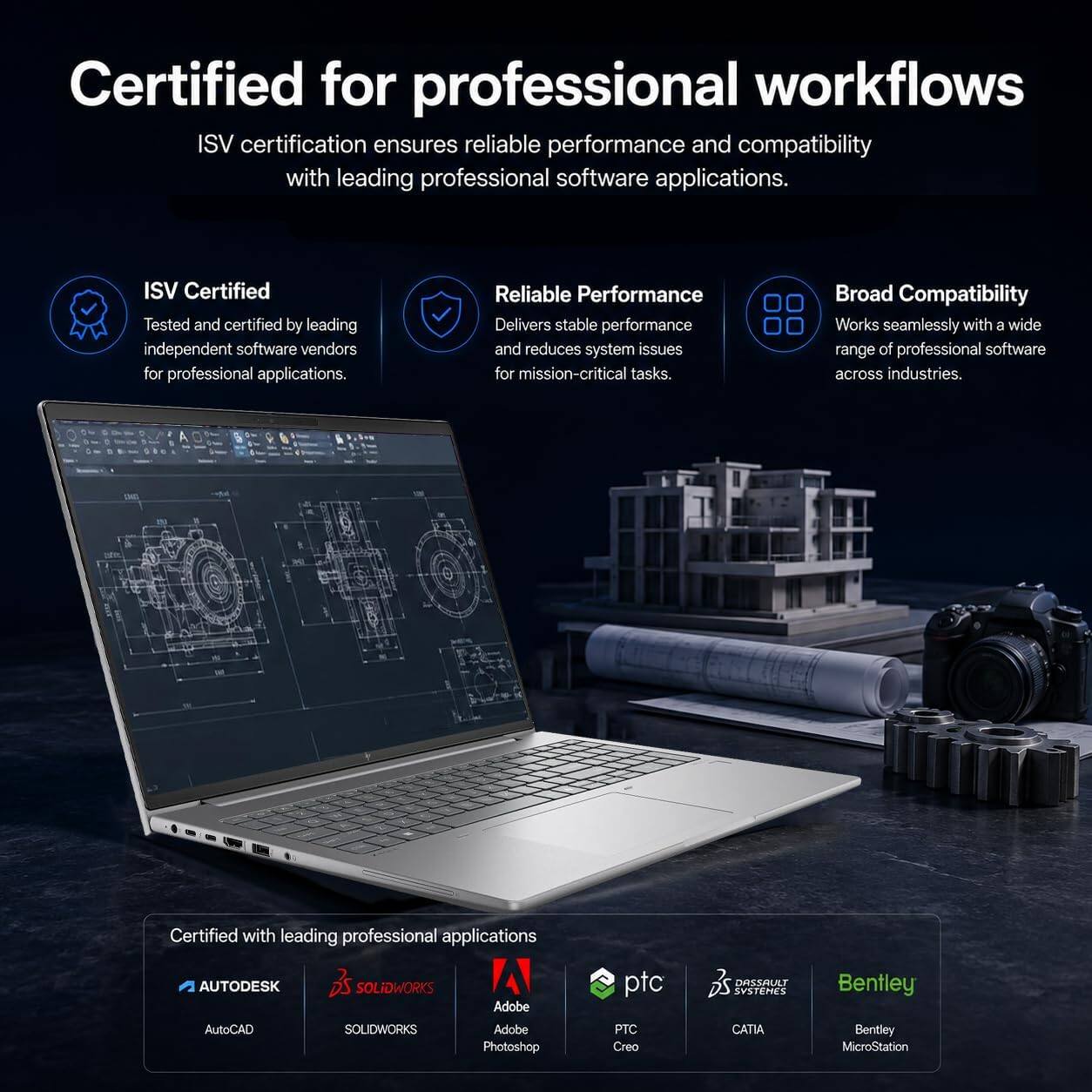 Certified for professional workflows  
ISV certification ensures reliable performance and compatibility with leading professional software applications.

ISV Certified  
Tested and certified by leading independent software vendors for professional applications.

Reliable Performance  
Delivers stable performance and reduces system issues for mission-critical tasks.

Broad Compatibility  
Works seamlessly with a wide range of professional software across industries.

Certified with leading professional applications  
AUTODESK  
AutoCAD  
SOLIDWORKS  
Adobe  
Adobe Photoshop  
PTC  
PTC Creo  
DASSAULT SYSTEMES  
CATIA  
Bentley  
Bentley MicroStation