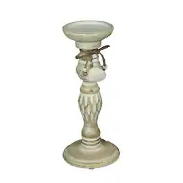 PD Home & Garden - 11 Inch Wood Pedestal Candle Holder Rustic White Washed Pillar With Sea Shells - Tan