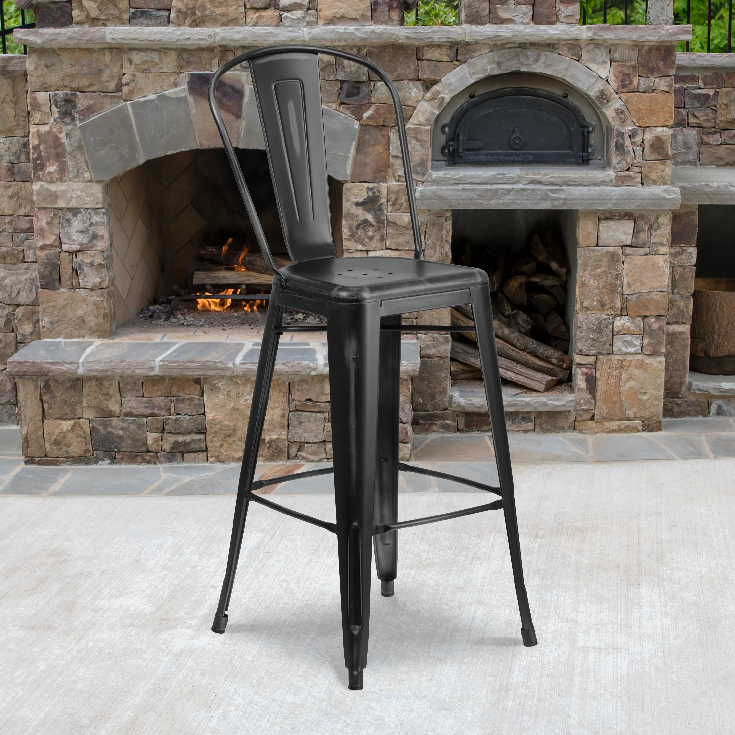 Alt View 1. Emma + Oliver - Commercial Grade 30"H Distressed Colorful Metal Indoor-Outdoor Barstool w/ Back - Black.