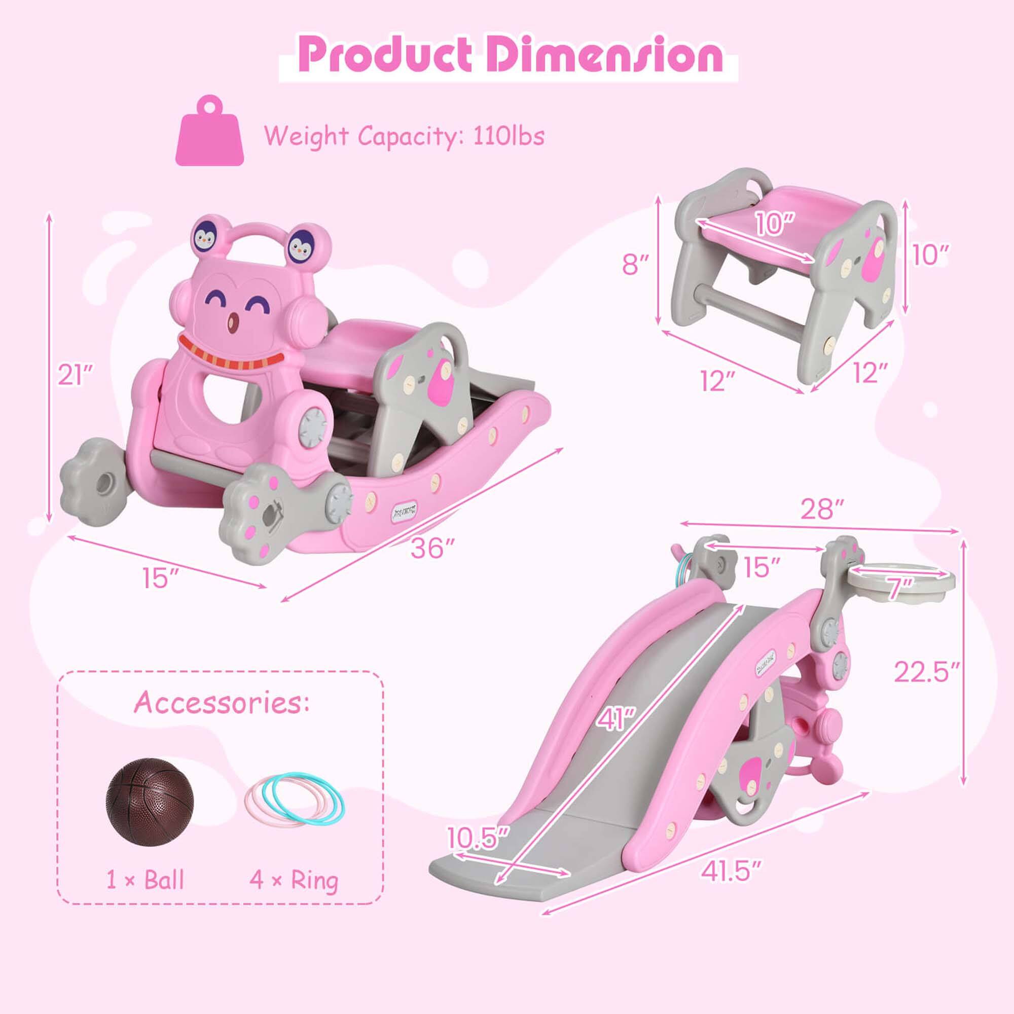 Product Dimension  
Weight Capacity: 110lbs  

8" 10" 10" 21" 12" 12" 15" 36" 28" 15" 7"  

Accessories:  
1 x Ball  
4 x Ring  
10.5" 41" 22.5" 41.5"