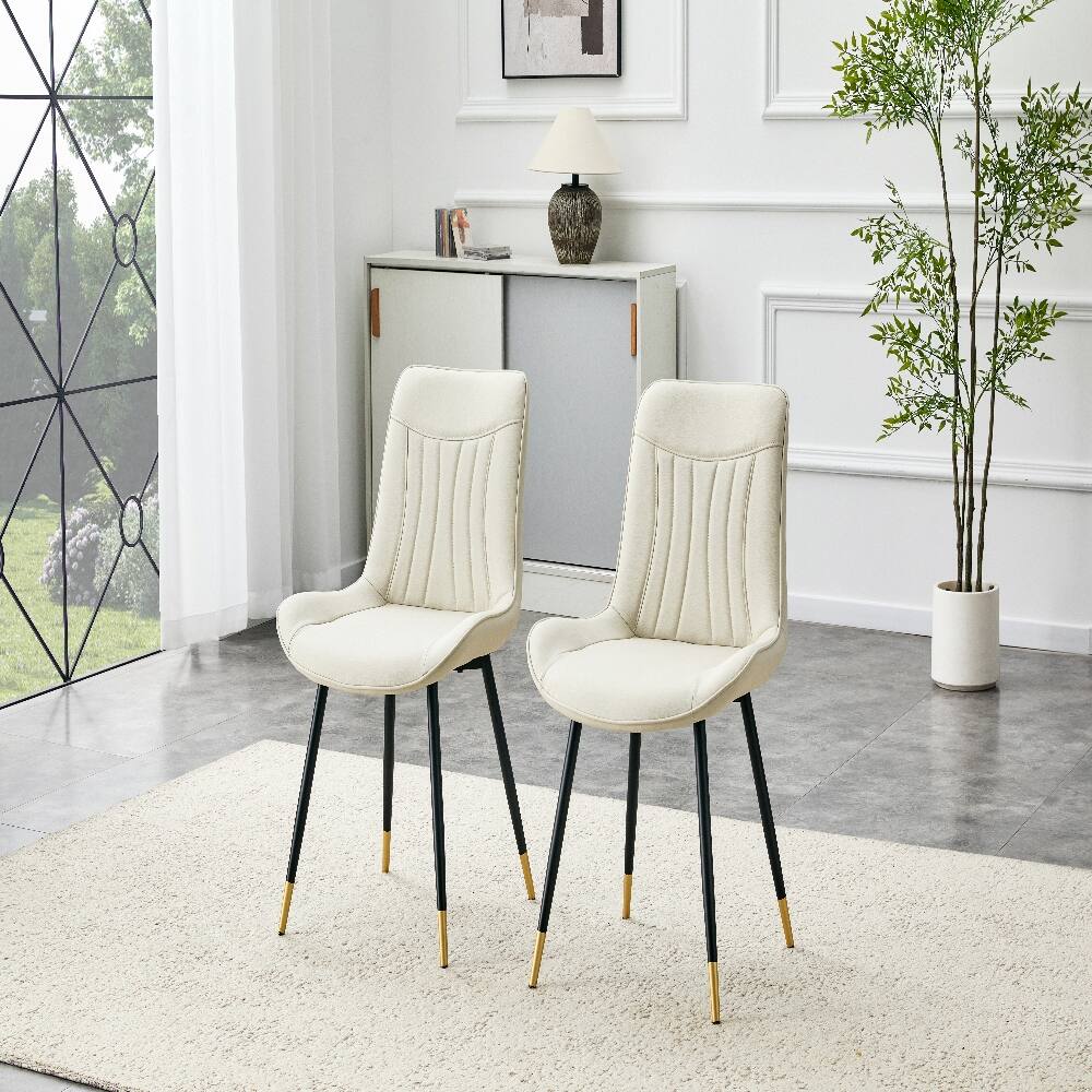 Front. Loheer - Loheer White Dining Chairs Set of 2 Tech Fabric Upholstered High Back Modern Chairs with Black Metal Legs Gold Trim - White.