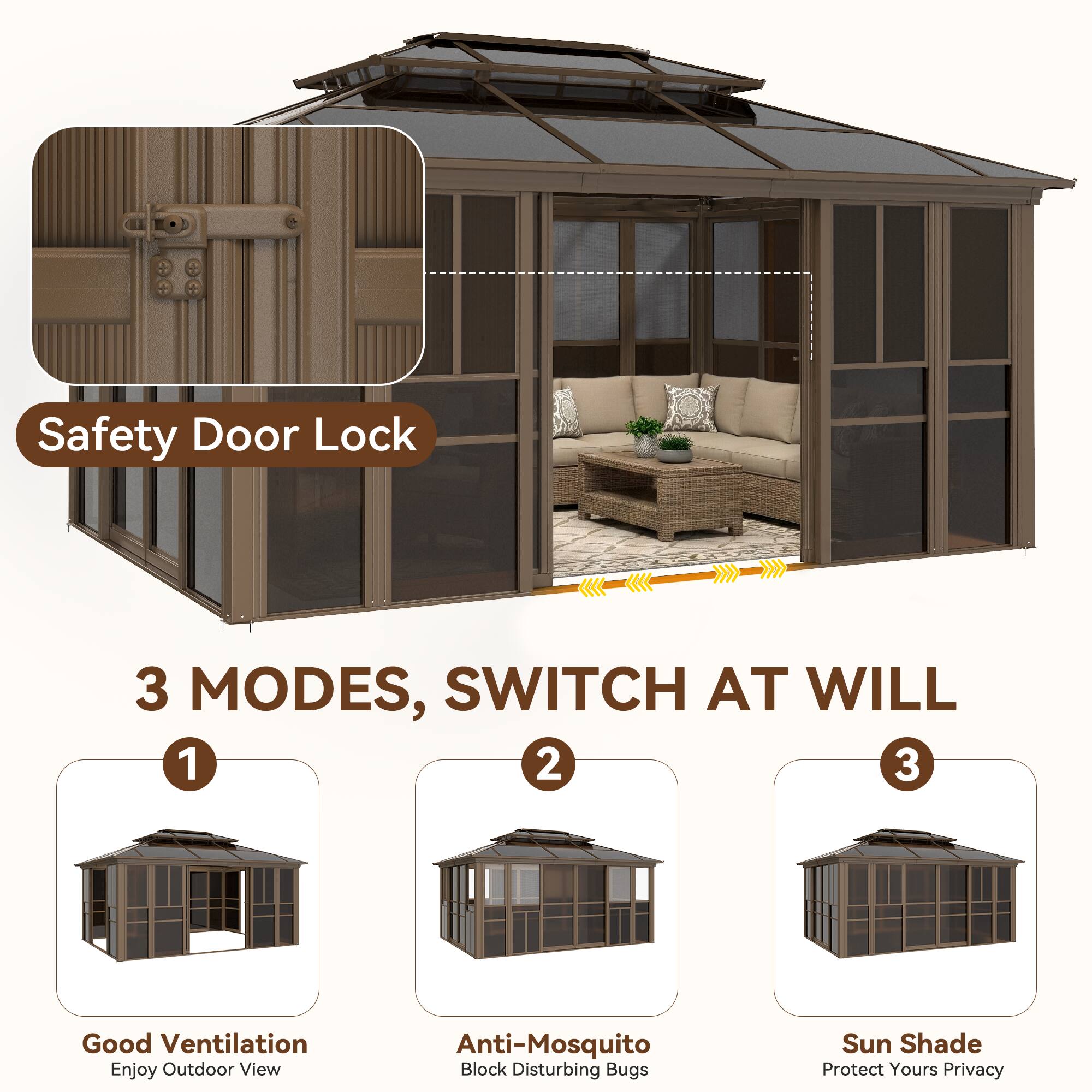 Safety Door Lock  
3 MODES, SWITCH AT WILL  

1. Good Ventilation  
Enjoy Outdoor View  

2. Anti-Mosquito  
Block Disturbing Bugs  

3. Sun Shade  
Protect Yours Privacy