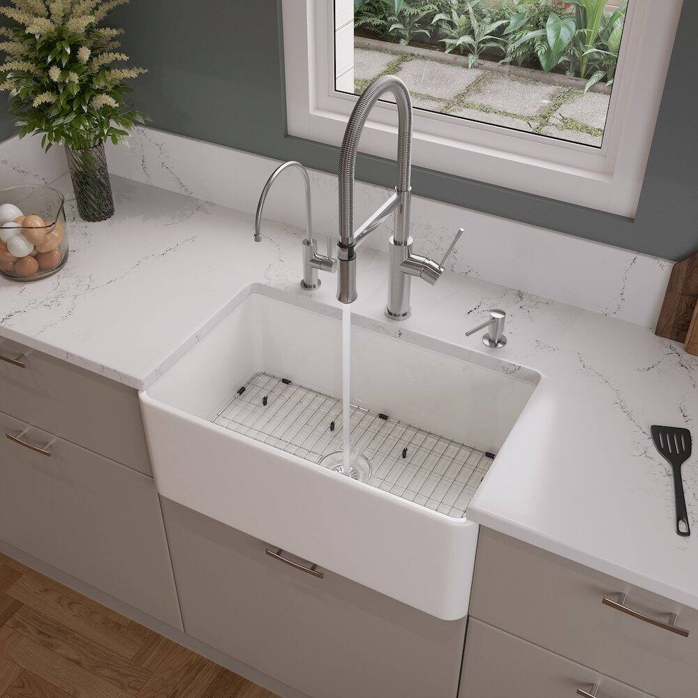 Angle. Alfi - ABF3018 30" White Thin Wall Single Bowl Smooth Apron Fireclay Kitchen Farm Sink - White.