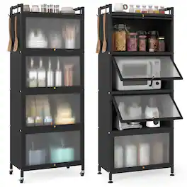 Costway - 5-Tier Kitchen Baker's Rack Storage Cabinet Mobile Microwave Stand Flip-up Doors - Black