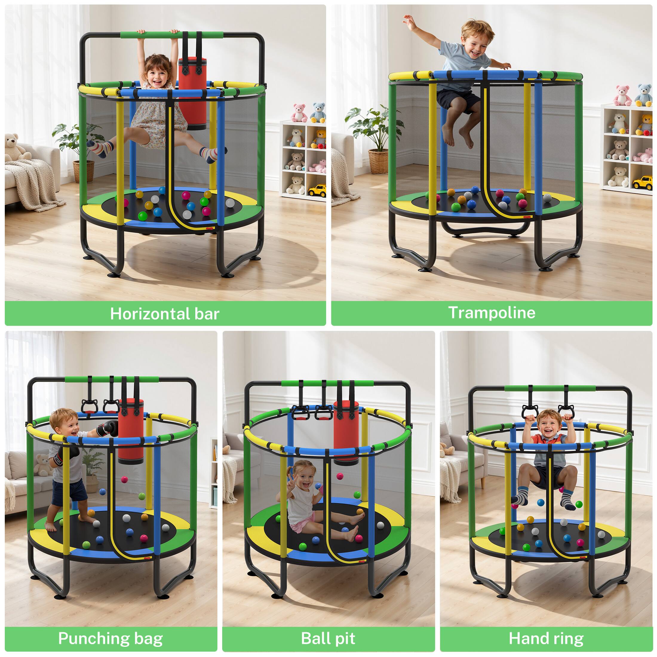 Horizontal bar  
Trampoline  
Punching bag  
Ball pit  
Hand ring