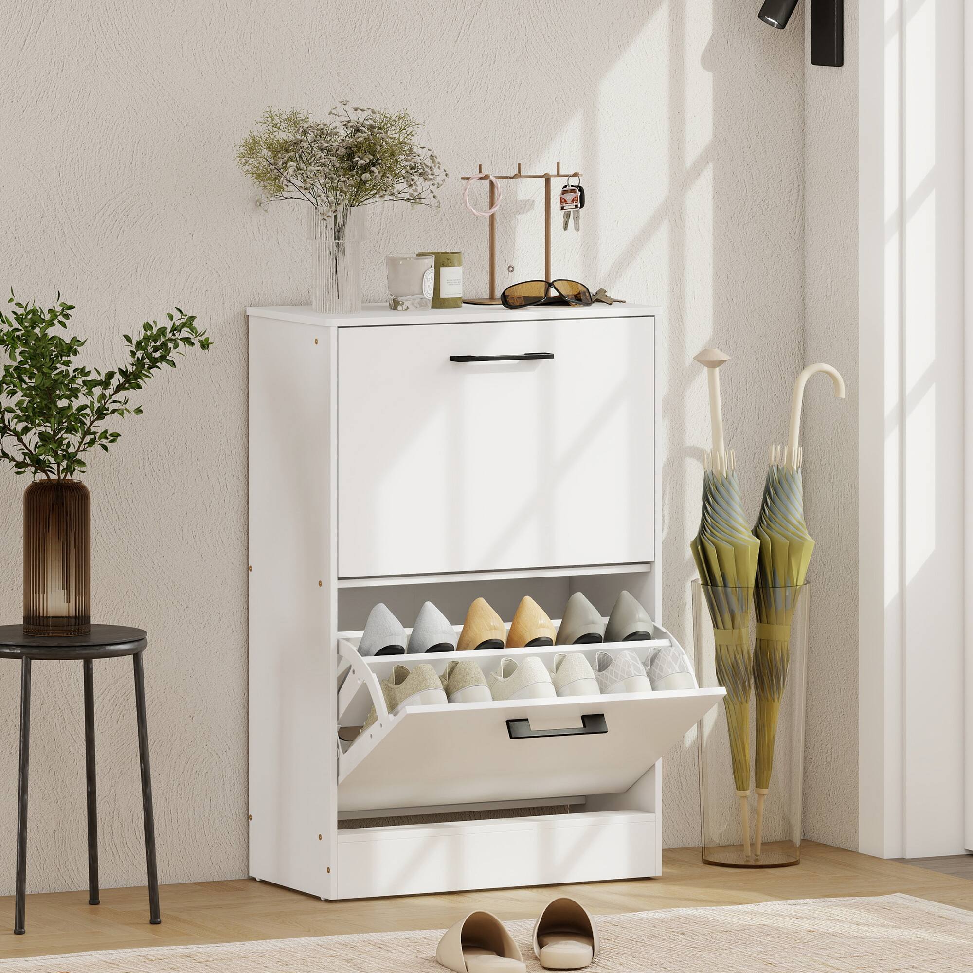 Alt View 1. Homcom - Cabinet 2 Flip Drawers Narrow Shoe Storage Unit Adjustable Dividers Entryway Hallway - White.