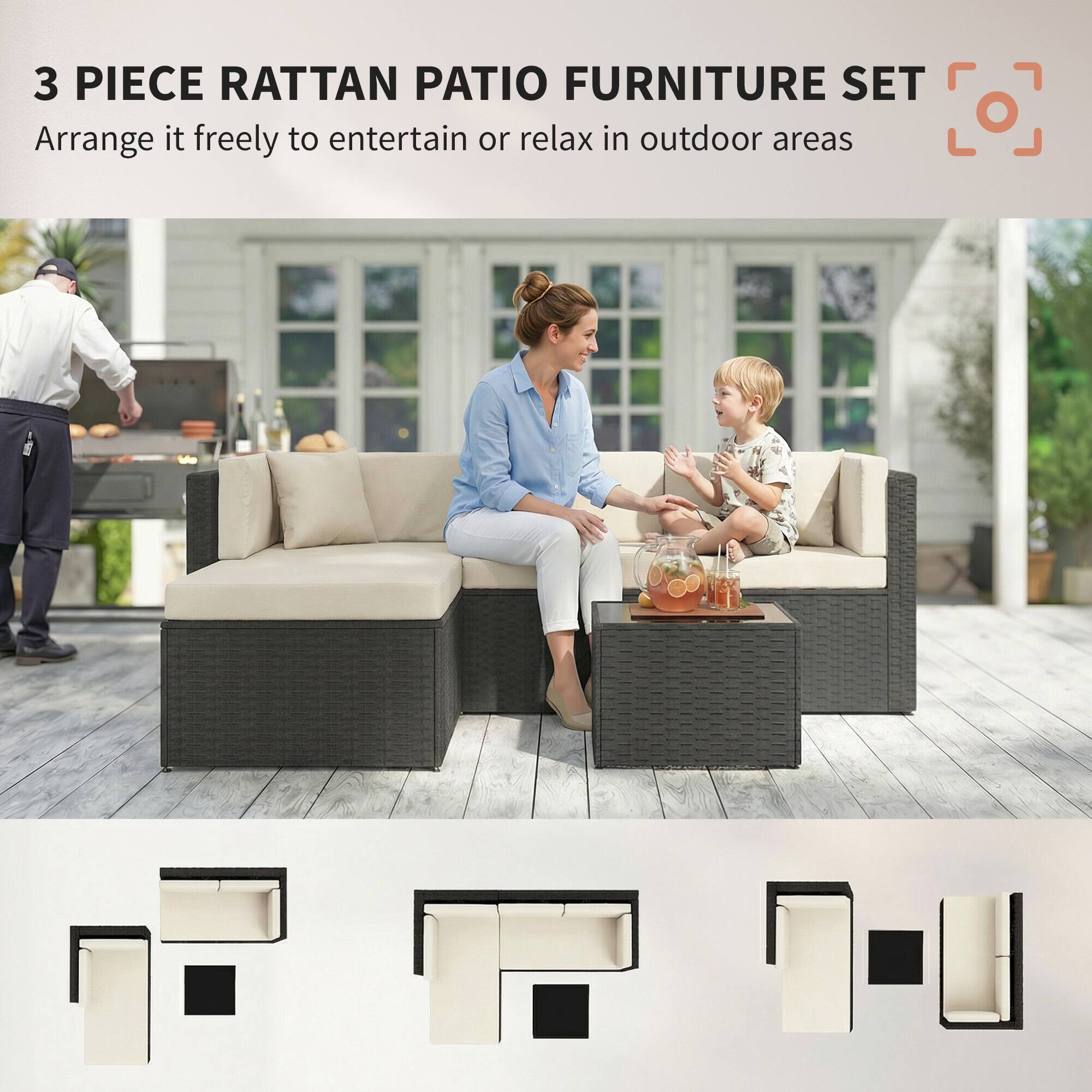 3 PIECE RATTAN PATIO FURNITURE SET  
Arrange it freely to entertain or relax in outdoor areas