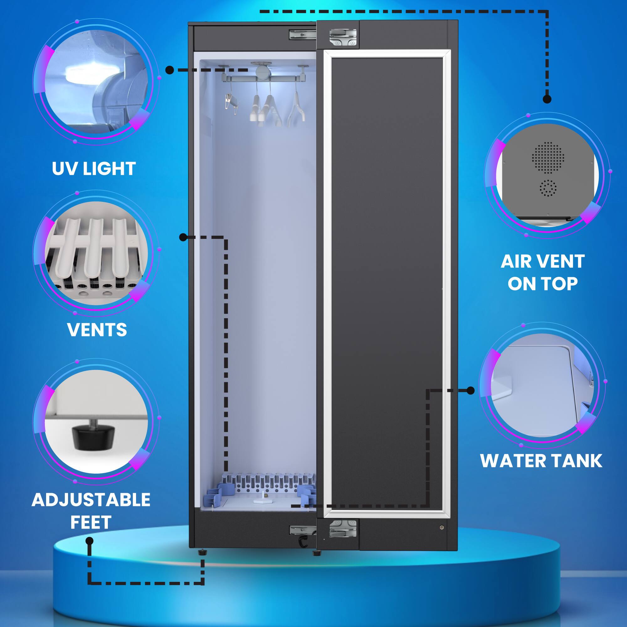 - UV LIGHT
- VENTS
- ADJUSTABLE FEET
- AIR VENT ON TOP
- WATER TANK