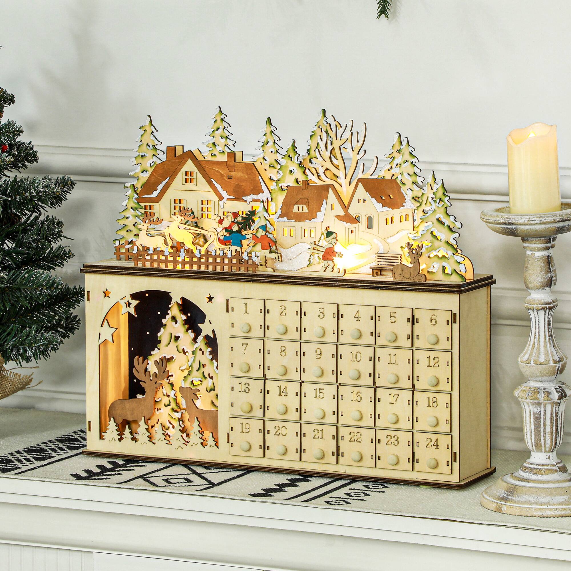 Alt View 1. Homcom - Christmas Advent Calendar, Light Up Wooden Countdown Calendar w/ 24 Drawers & LEDs - Natural Wood.