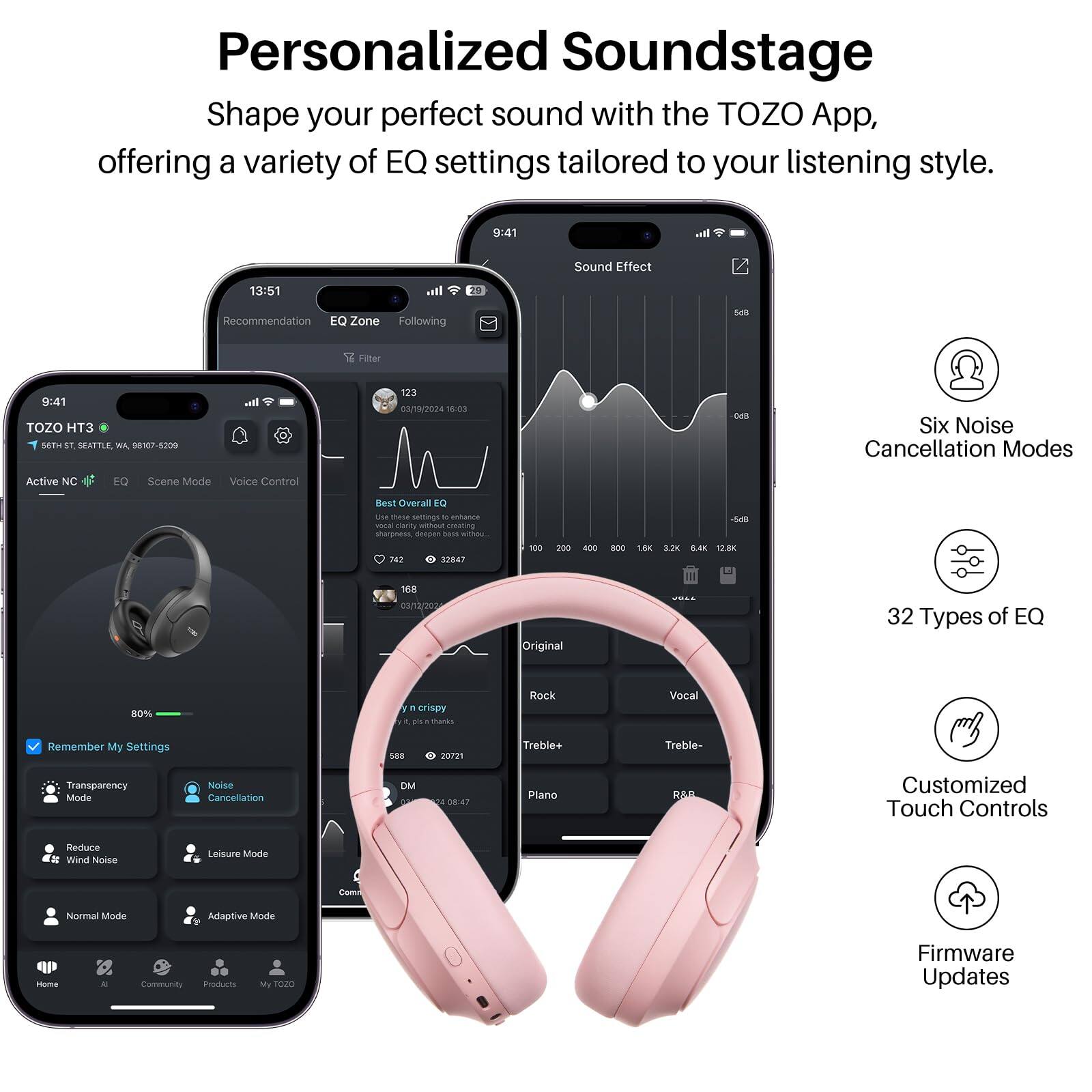Personalized Soundstage  
Shape your perfect sound with the TOZO App, offering a variety of EQ settings tailored to your listening style.

- Six Noise Cancellation Modes
- 32 Types of EQ
- Customized Touch Controls
- Firmware Updates

TOZO HT3  
SEATTLE, WA 98105-2009

Active NC  
EQ  
Scene Mode  
Voice Control

Best Overall EQ  
Use these settings to enhance clarity, deep bass without harshness.

Remember My Settings

Transparency Mode  
Noise Cancellation  
Reduce Wind Noise  
Leisure Mode  
Normal Mode  
Adaptive Mode

Home  
All  
Community  
Products  
My TOZO