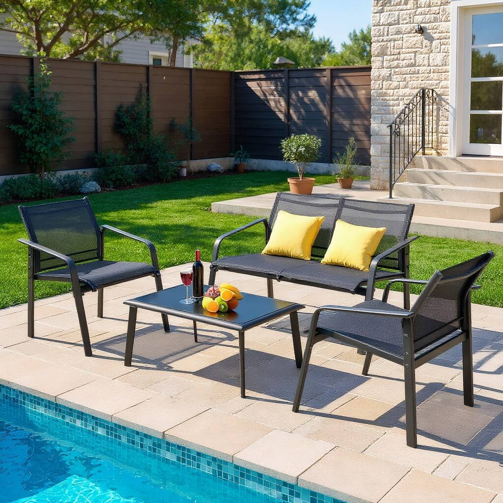 Front. Kadyn - 4 Pieces Patio Furniture Set, Small Patio Conversation Furniture Set with Armrest Loveseat Sofas and Glass Table Deck - Black.