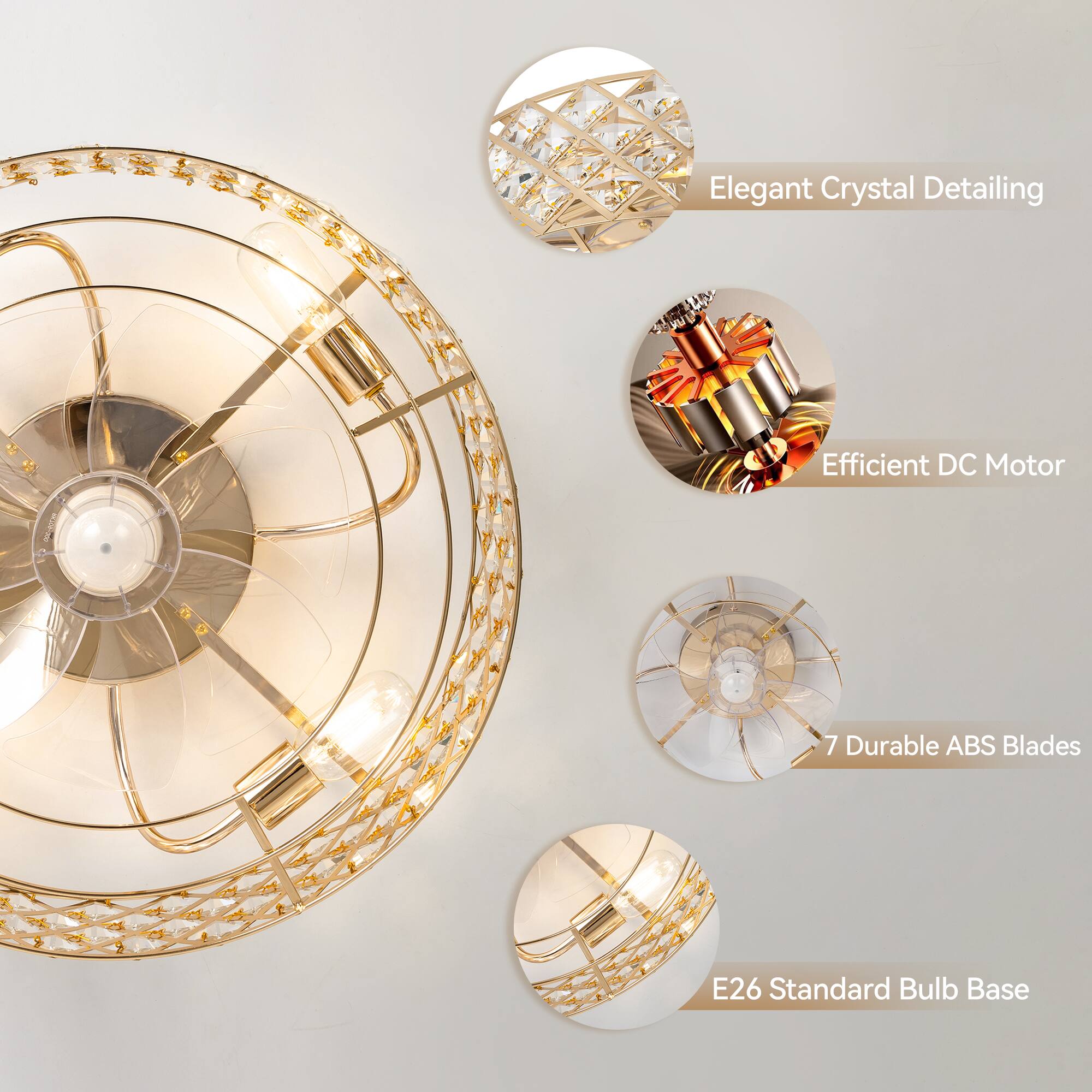 - Elegant Crystal Detailing
- Efficient DC Motor
- 7 Durable ABS Blades
- E26 Standard Bulb Base