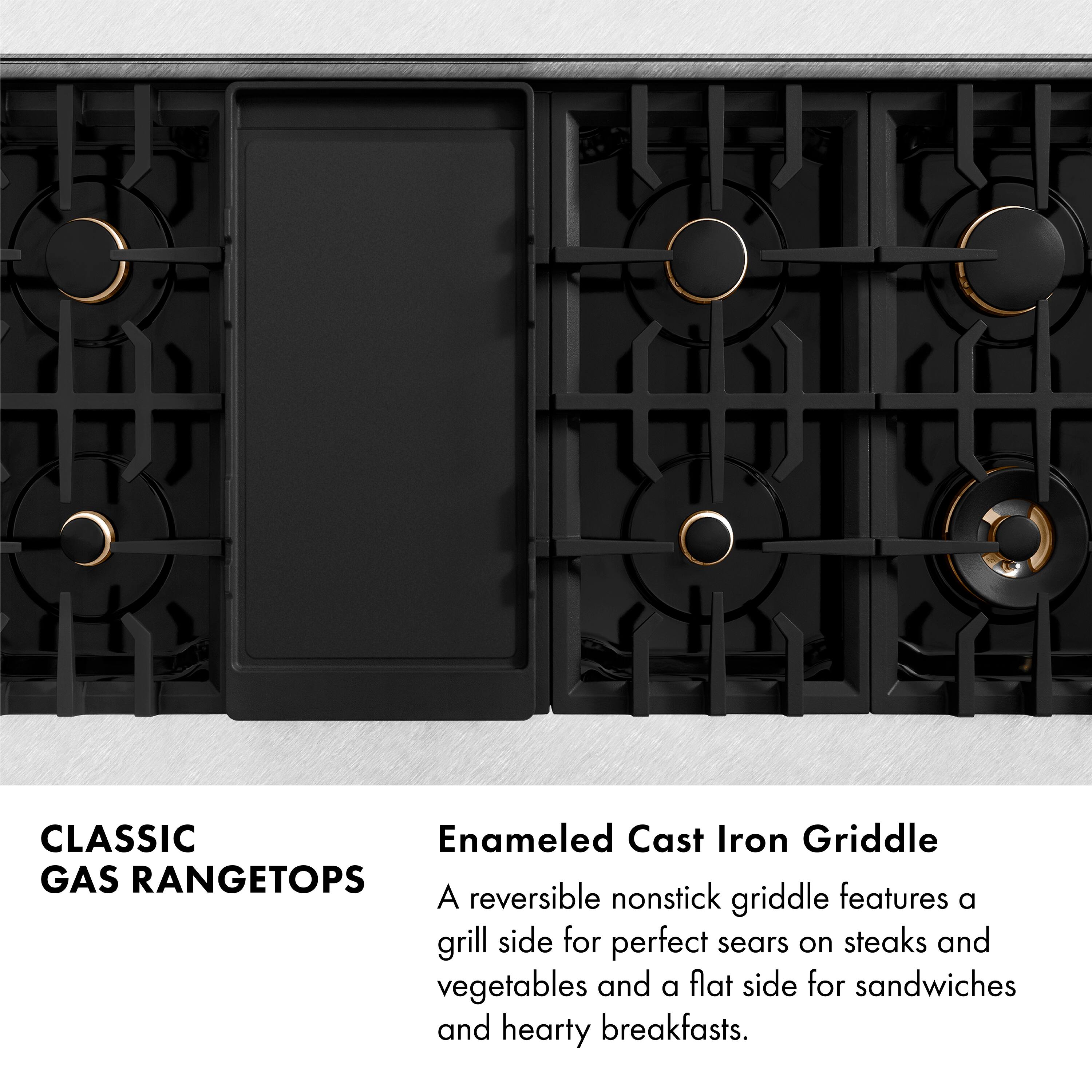 CLASSIC GAS RANGETOPS

Enamel Cast Iron Griddle

A reversible nonstick griddle features a grill side for perfect sears on steaks and vegetables and a flat side for sandwiches and hearty breakfasts.