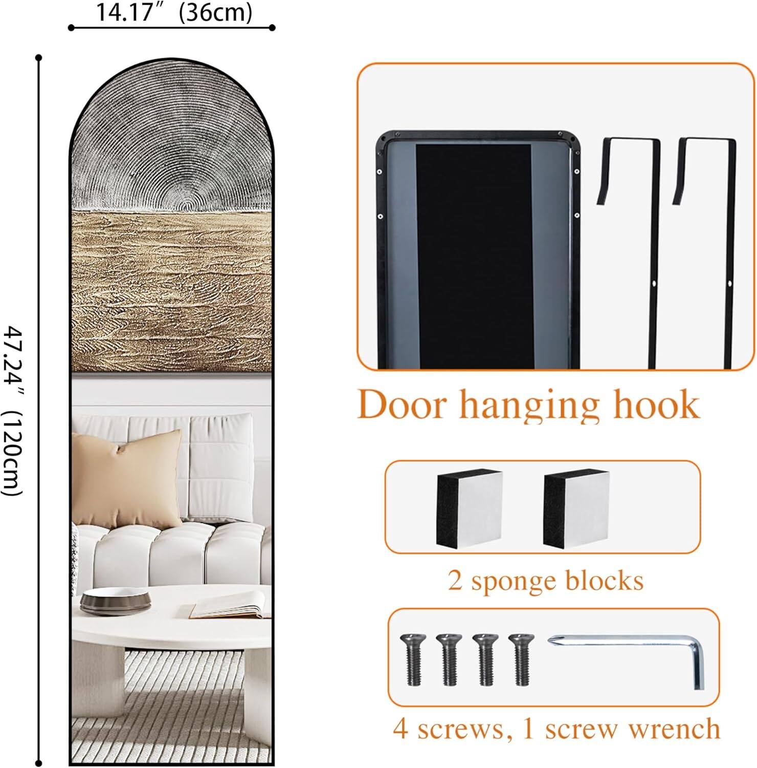 14.17" (36cm)  
47.24" (120cm)  

Door hanging hook  
2 sponge blocks  
4 screws, 1 screw wrench