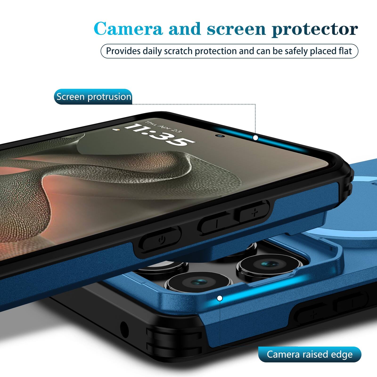 Camera and screen protector  
Provides daily scratch protection and can be safely placed flat  

Screen protrusion  
FAML 42 A 11:35  

Camera raised edge