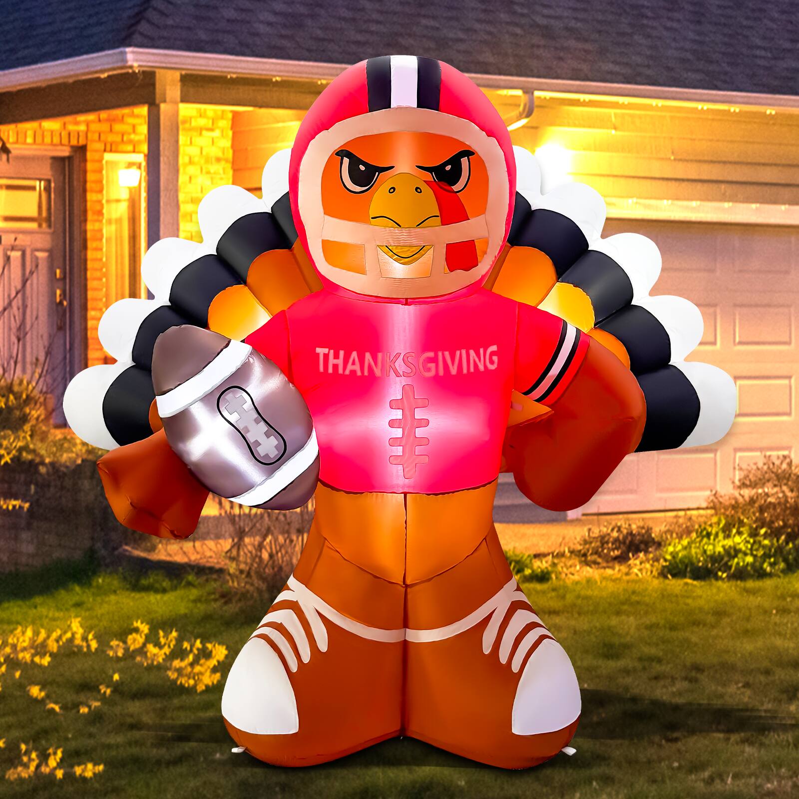 Angle. GOOSH Inflatables - GOOSH 6FT Turkey Football Inflatable with LED Lights, Thanksgiving Outdoor Décor - Brown.