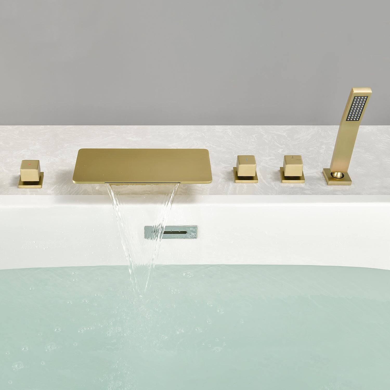 Alt View 1. Boyel Living - Brushed Gold Bathtub Faucet with Waterfall Spout and Handheld Shower Five Hole Installation Hot Cold Control - Brushed Gold.