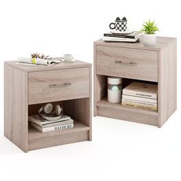 Gymax - 2 PCS Nightstand w/ Drawer Side Table w/ Slide-out Drawer Open Storage Shelf - Natural