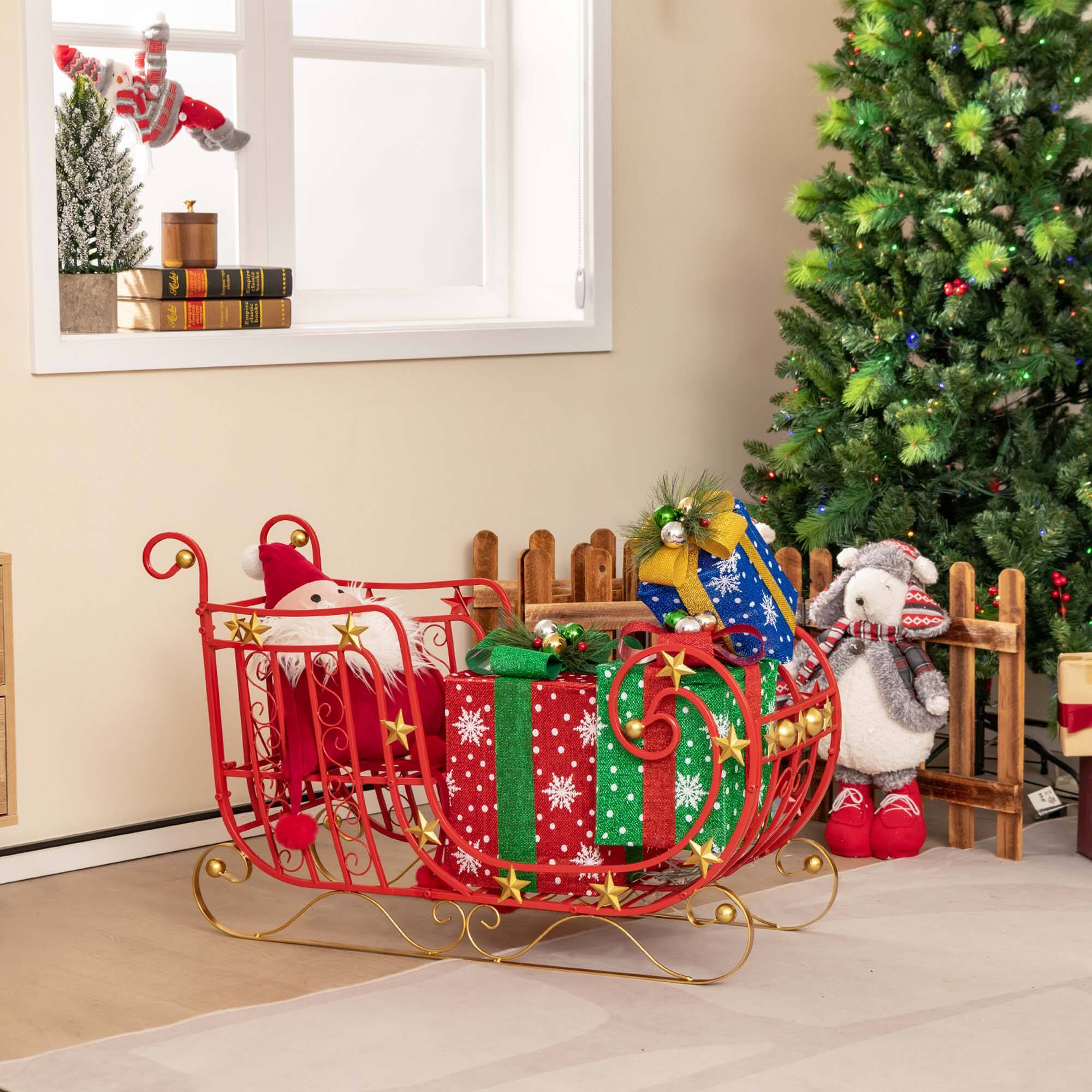 Alt View 11. Costway - Red Santa Sleigh with Large Cargo Area for Gifts Metal Christmas Holiday Decor - Red/Golden.