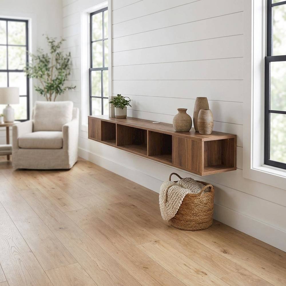 Alt View 1. FurniFact - Walnut Floating TV Stand with Wall Mount Design and Engineered Wood Finish - Brown.