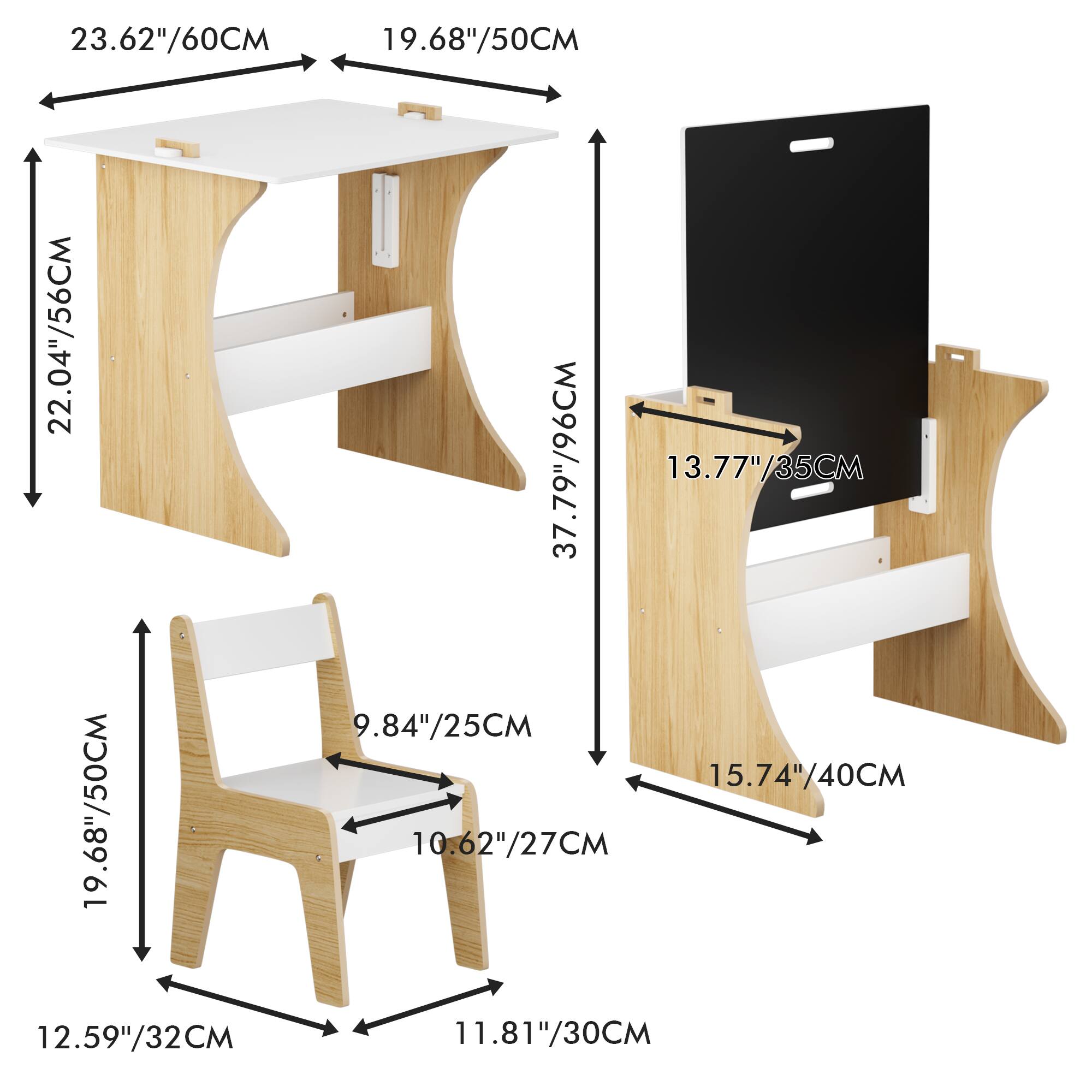 Sure, here is the corrected and grouped text from the image:

- **Table:**
  - Length: 23.62"/60CM
  - Width: 19.68"/50CM
  - Depth: 22.04"/56CM

- **Chair:**
  - Height: 19.68"/50CM
  - Seat Height: 12.59"/32CM
  - Seat Depth: 11.81"/30CM
  - Seat Width: 10.62"/27CM
  - Back Height: 9.84"/25CM
  - Back Width: 11.81"/30CM

- **Cabinet:**
  - Height: 37.79"/96CM
  - Width: 13.77"/35CM
  - Depth: 15.74"/40CM

- **Additional Dimensions:**
  - 19.68"/50CM (repeated for clarity)