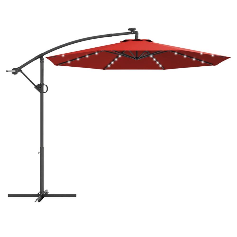 Front. Kadyn - 10 ft 360° Rotation Solar Powered LED Patio Offset Umbrella without Weight Base-Dark Red, Patio Offset Umbrella.