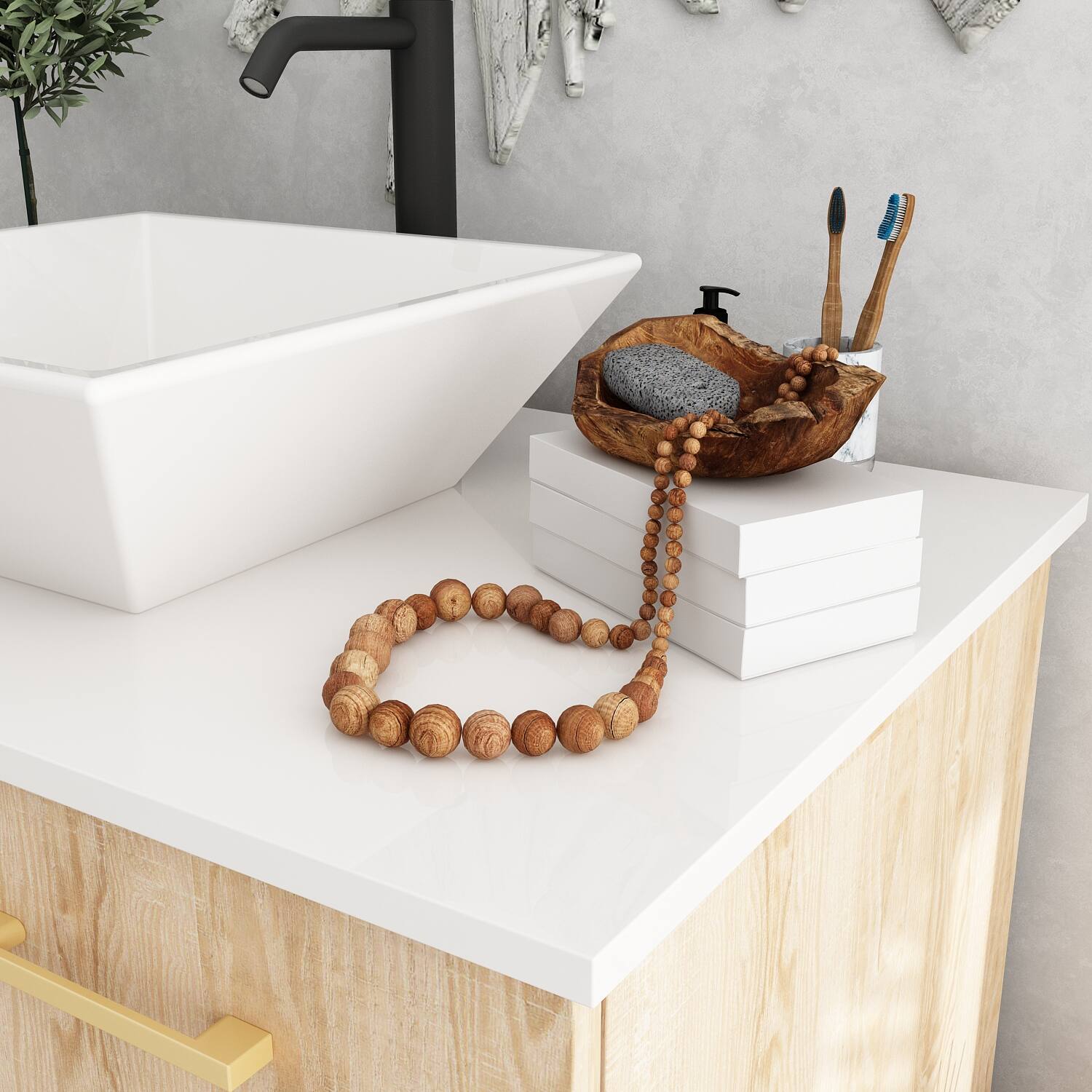 Alt View 4. Famapy - Bathroom Vanity with Ceramic Sink – Modern Natural Wood-Style Storage Cabinet with Drawers & Countertop Space - White & Wooden.