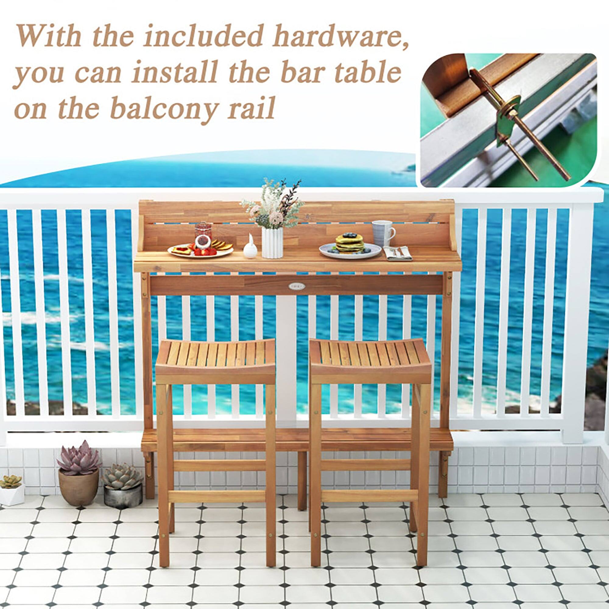 With the included hardware, you can install the bar table on the balcony rail.