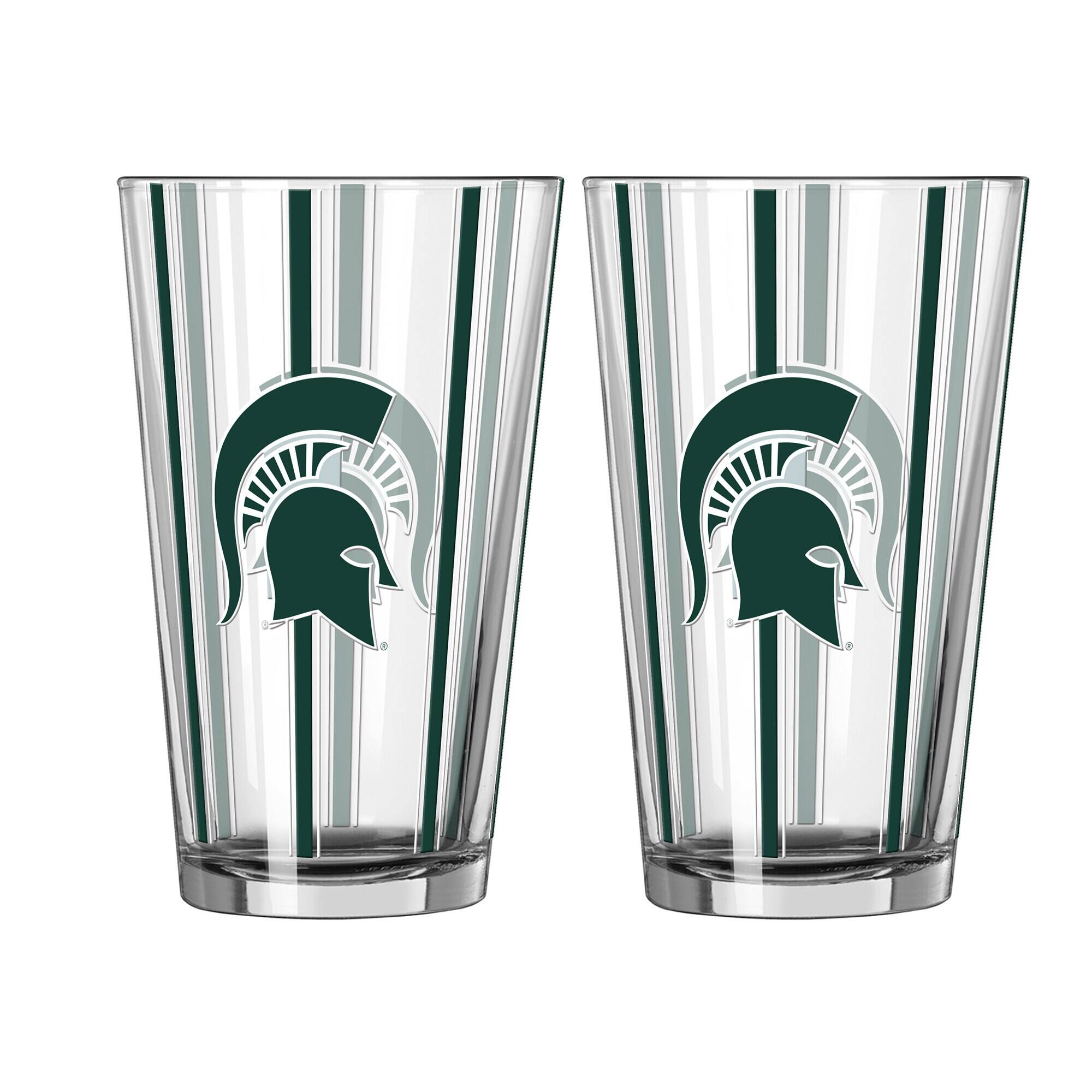 Front. Logo Brands - Michigan State Spartans Two-Piece 16oz. Striped Pint Glass Set - Multicolor.