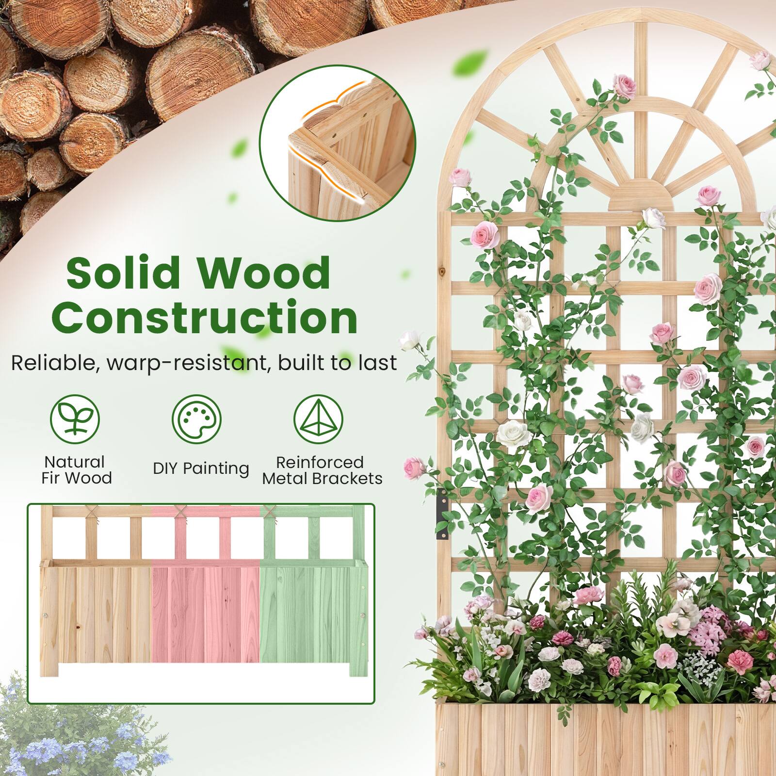 Solid Wood Construction  
Reliable, warp-resistant, built to last  

Natural Fir Wood  
DIY Painting  
Reinforced Metal Brackets