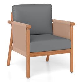 Costway - Patio Acacia Wood Chair with Woven Rope Armrests & Seat Back Cushions for Backyard - Natural + Gray