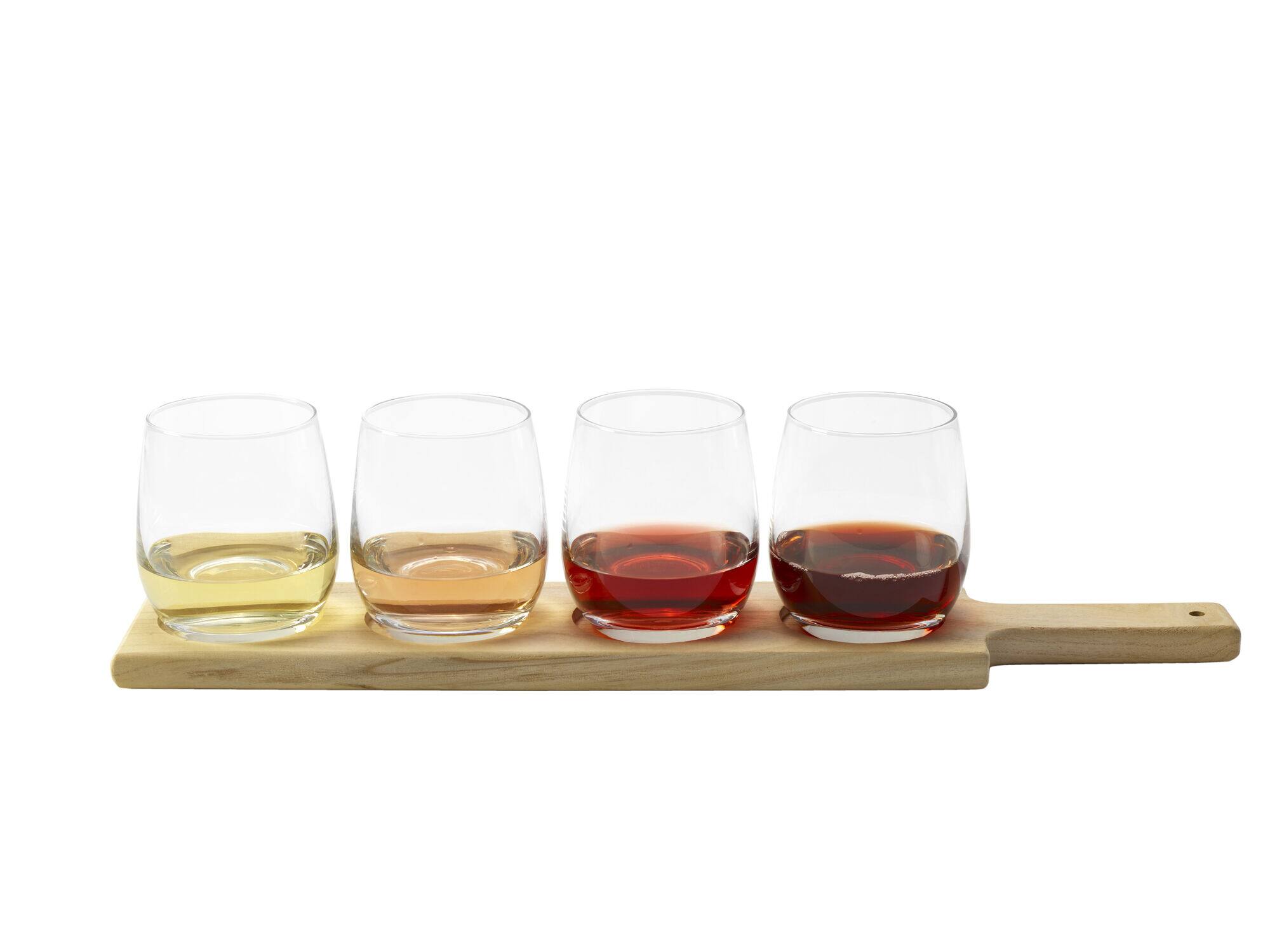 Left. Houdini - 5-Piece Wine Flight Tasting Board - Clear glass and natural wood.