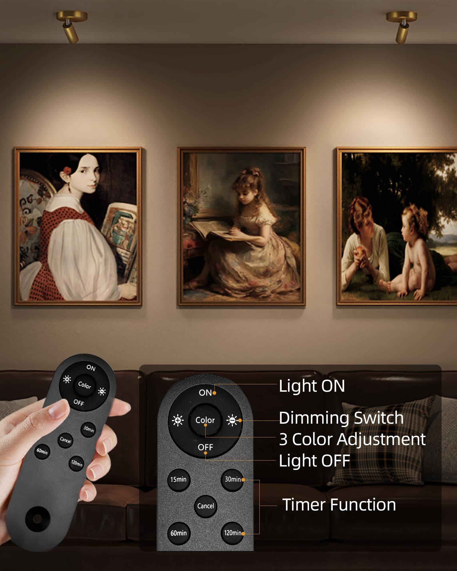- Light ON
- Dimming Switch
- 3 Color Adjustment
- Light OFF
- Timer Function

DG 60min ON Color OFF 30min Cancel 120min ON Color OFF 15min 30min Light ON Dimming Switch 3 Color Adjustment Light OFF Cancel Timer Function 60min 120min