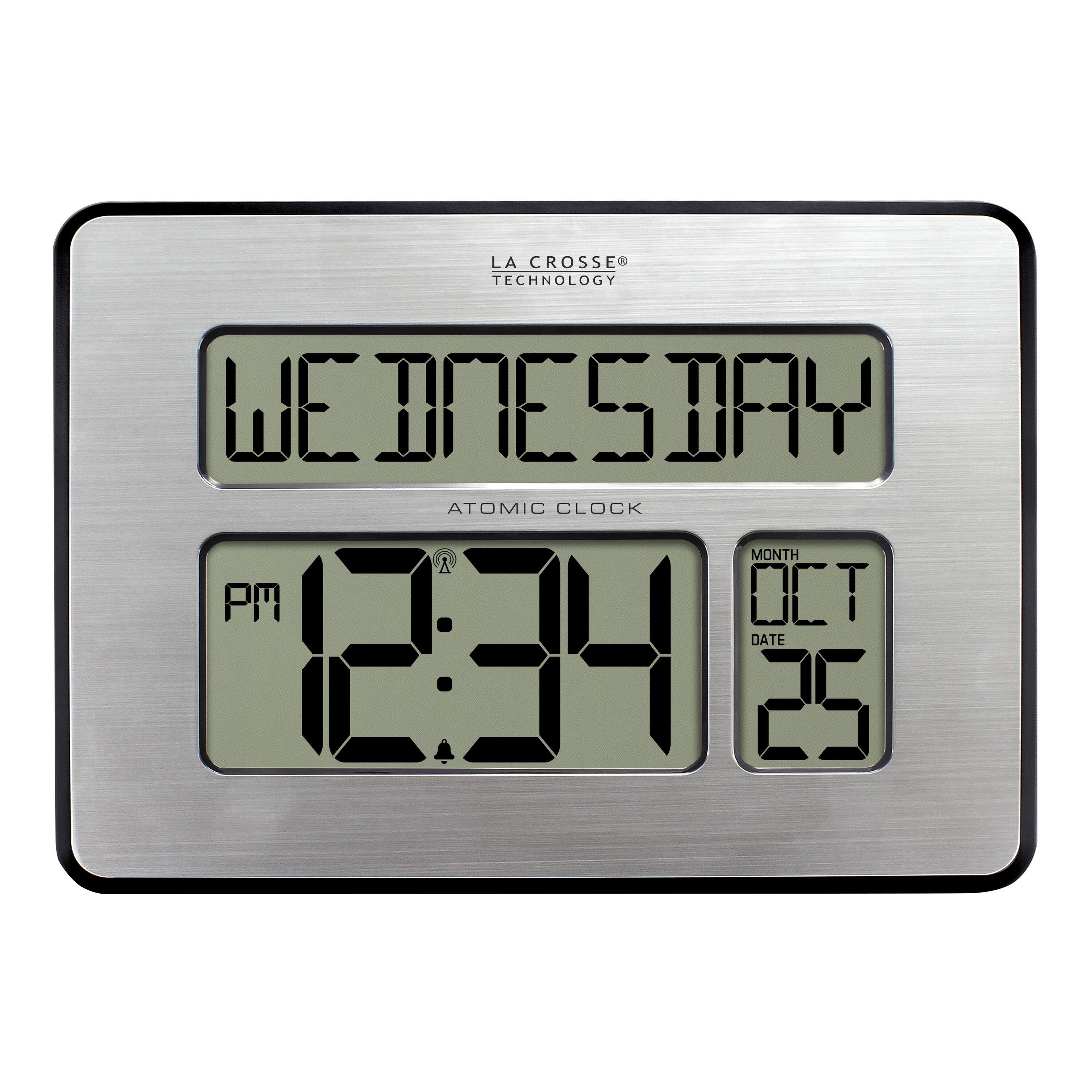 La Crosse Technology - Atomic Full Calendar Digital Clock with Extra Large Digits, Silver - Silver/Black