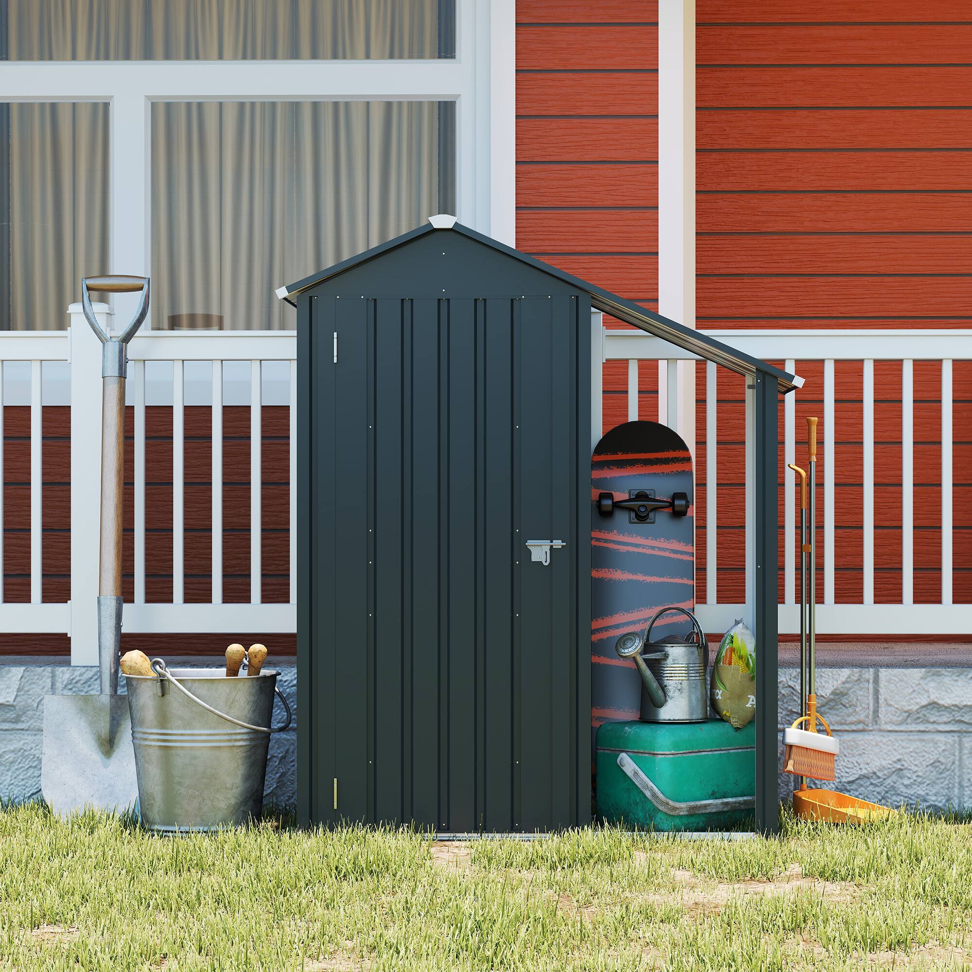 Alt View 5. Loheer - Loheer Small Metal Garden Shed Waterproof Outdoor Storage Cabinet Lockable Tool Shed with Firewood Rack Brown.