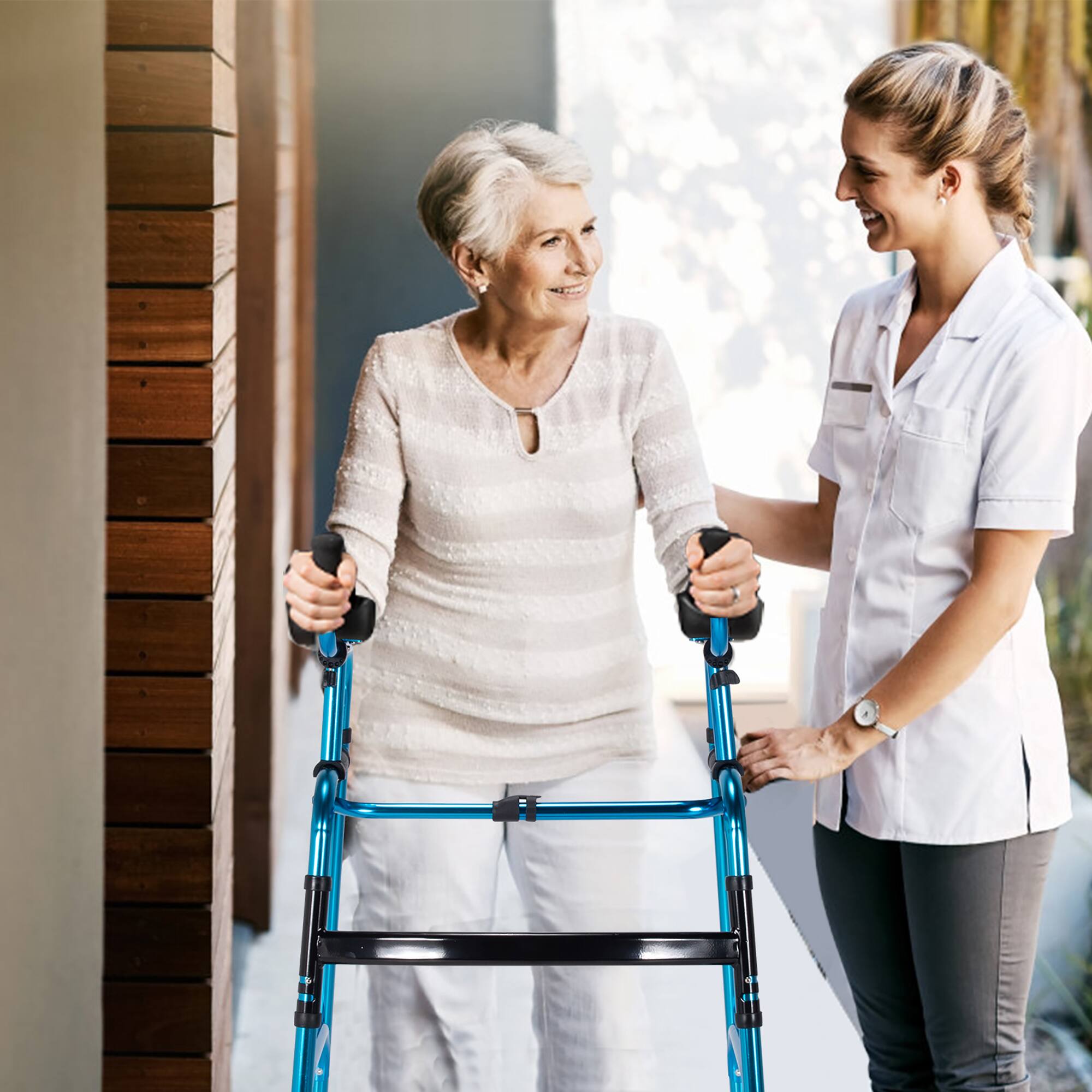 Alt View 10. Costway - Costway Folding Aluminum Alloy Wheel Walking Frame Adjustable Walker with Armrest Support Blue - Blue+ Black.