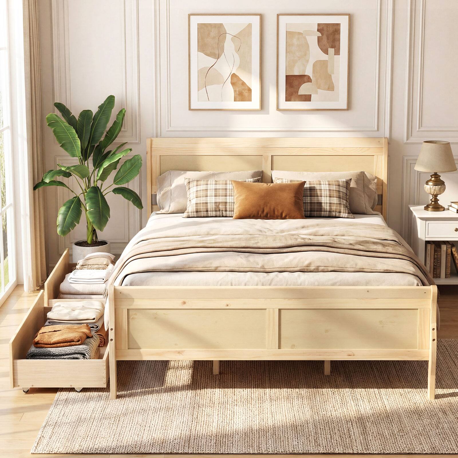 Alt View 3. Costway - Costway Queen Size Bed Frame with Storage Drawers, Wood Platform Bed with Headboard Footboard - Natural.