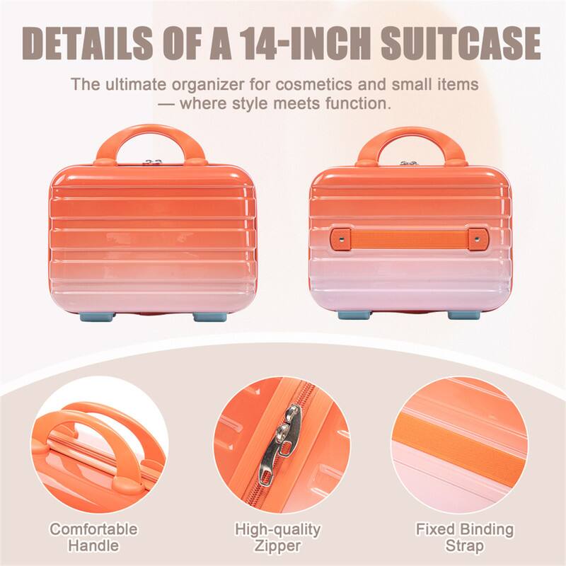 DETAILS OF A 14-INCH SUITCASE

The ultimate organizer for cosmetics and small items — where style meets function.

- Comfortable Handle
- High-quality Zipper
- Fixed Binding Strap