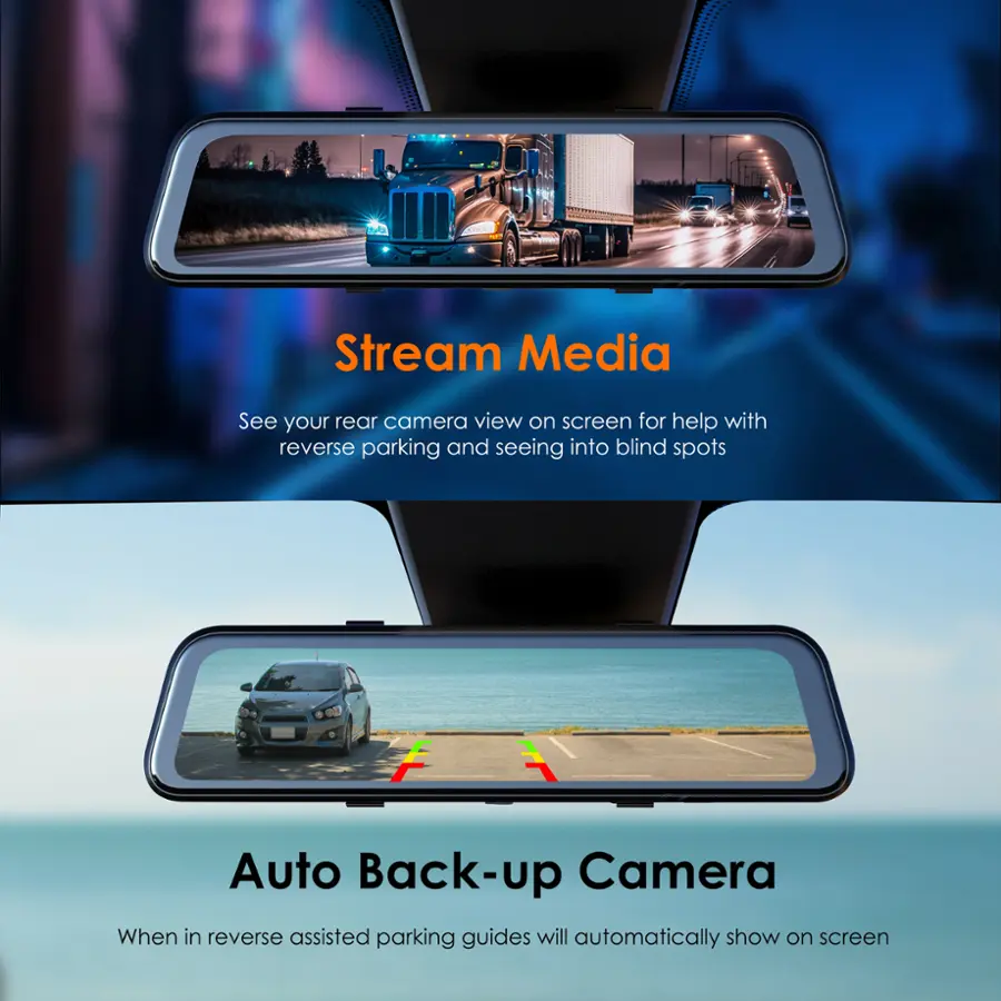 Stream Media: See your rear camera view on screen for help with reverse parking and seeing into blind spots.
Auto Back-up Camera: When in reverse assisted parking guides will automatically show on screen.