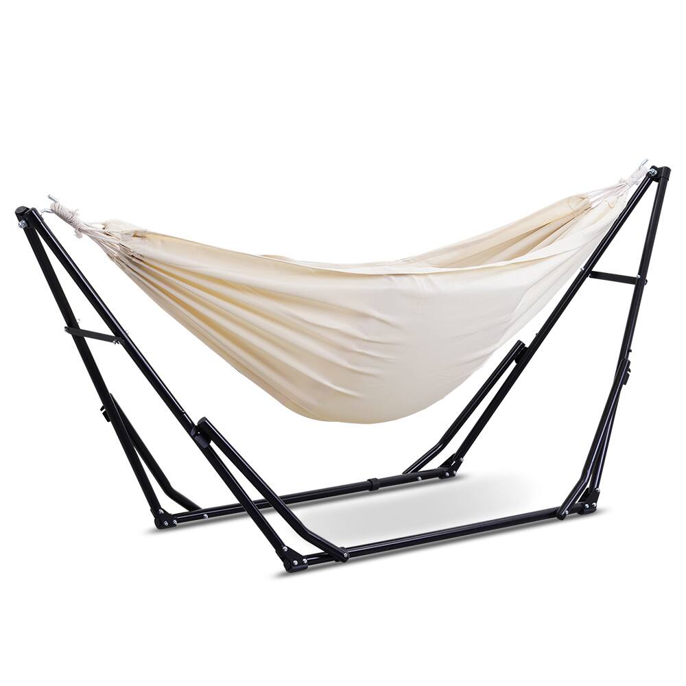 Angle. Ainfox - Foldable Hammock with Stand, 2-in-1 Hammock Swing Chair for Outdoor Patio, Portable Heavy Duty with Carrying Bag - White.