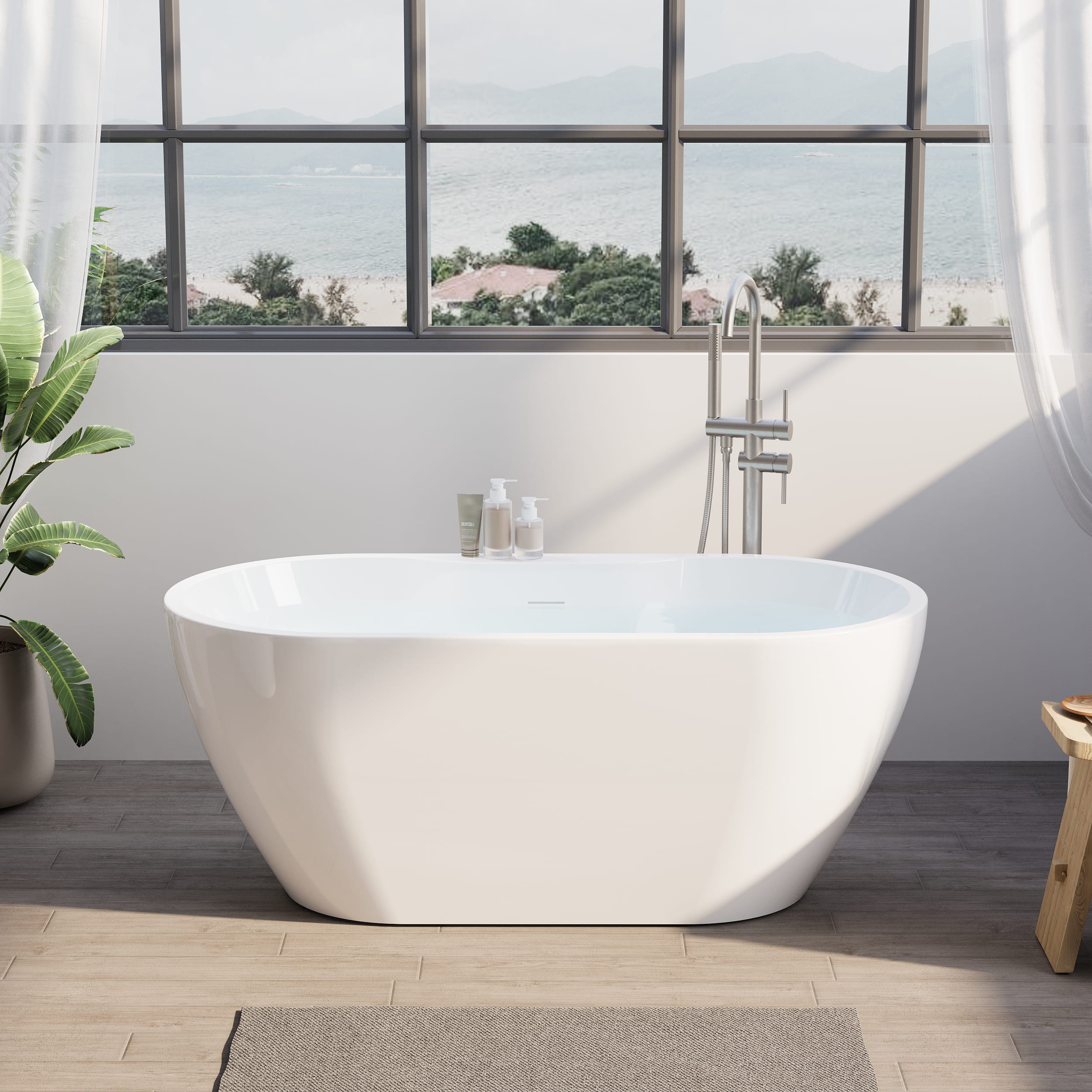 WELLFOR - Nava 57 in. x 29.5 in. Acrylic Oval Freestanding Soaking Bathtub with Center Drain and Widened Deck for Storage - White price history on PriceWatchPro