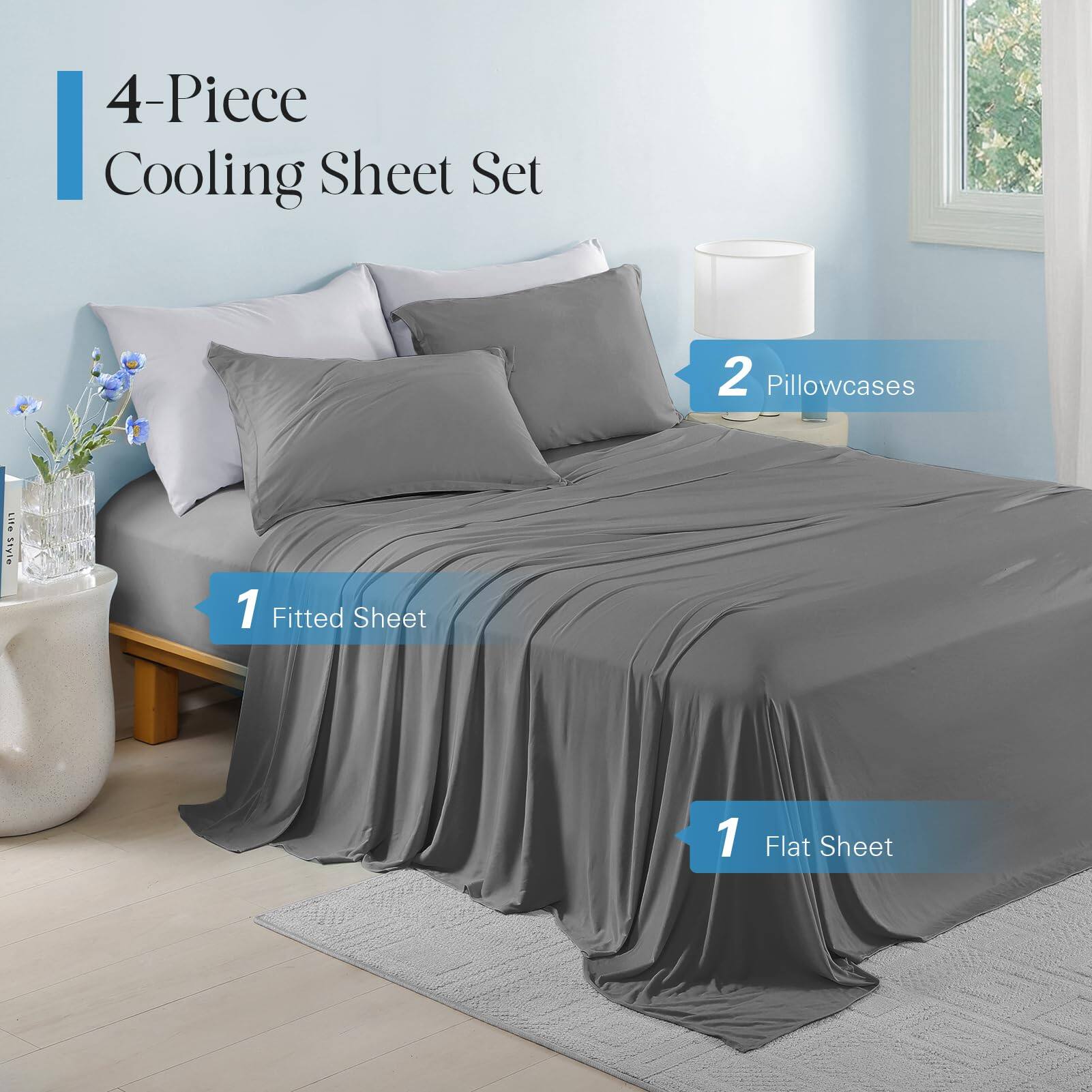 4-Piece Cooling Sheet Set

- 2 Pillowcases
- 1 Fitted Sheet
- 1 Flat Sheet
