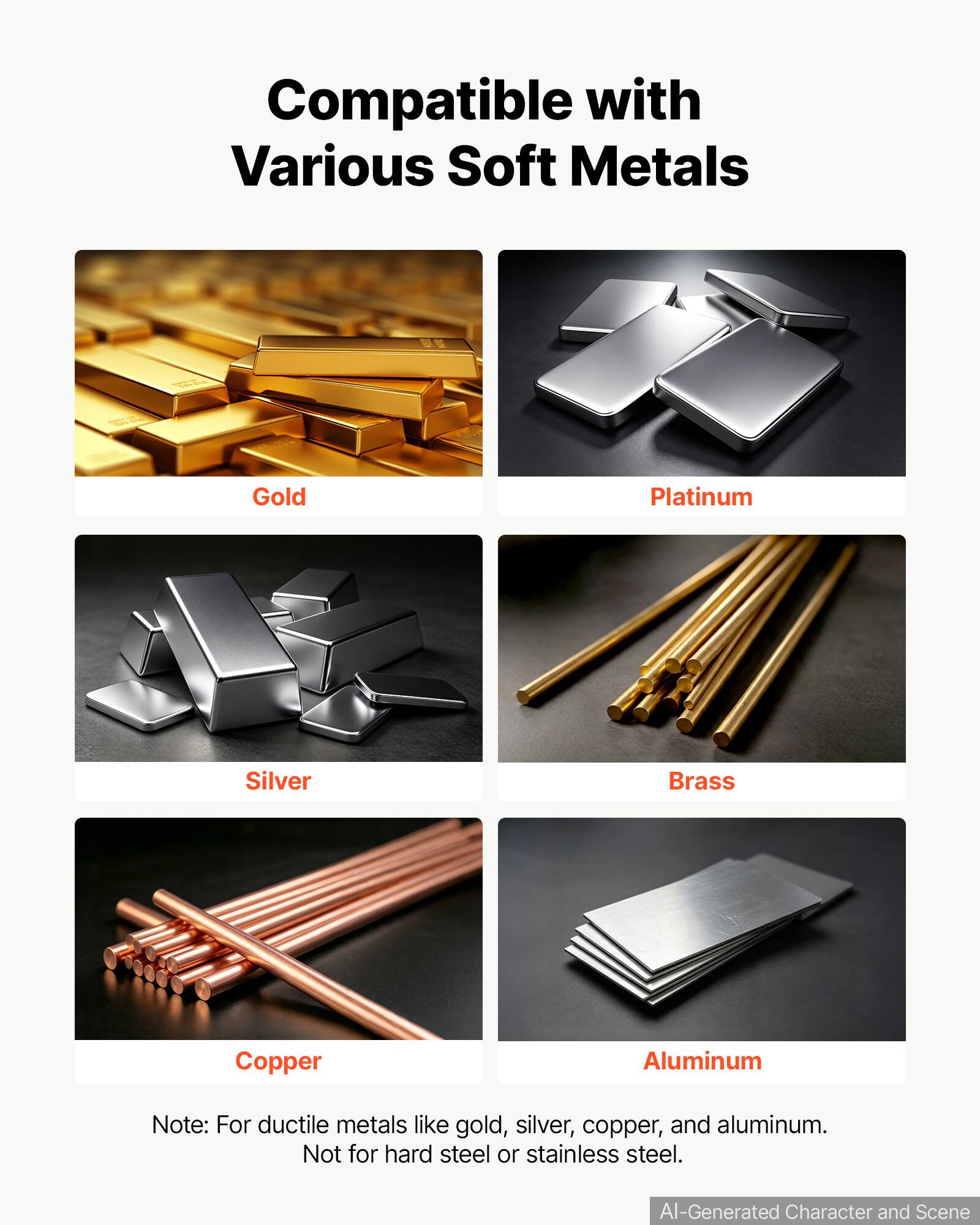 Compatible with Various Soft Metals

Gold
Platinum
Silver
Brass
Copper
Aluminum

Note: For ductile metals like gold, silver, copper, and aluminum. Not for hard steel or stainless steel.