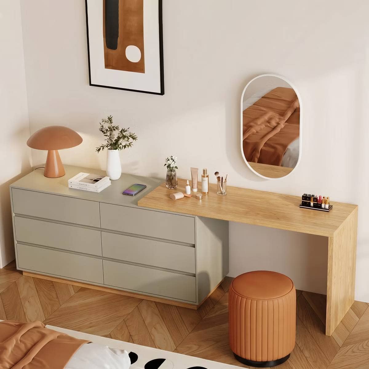luck idea - Mid-Century Modern Retractable Vanity Table with Storage Cabinet, Natural Oak Wood Finish - White price history on PriceWatchPro