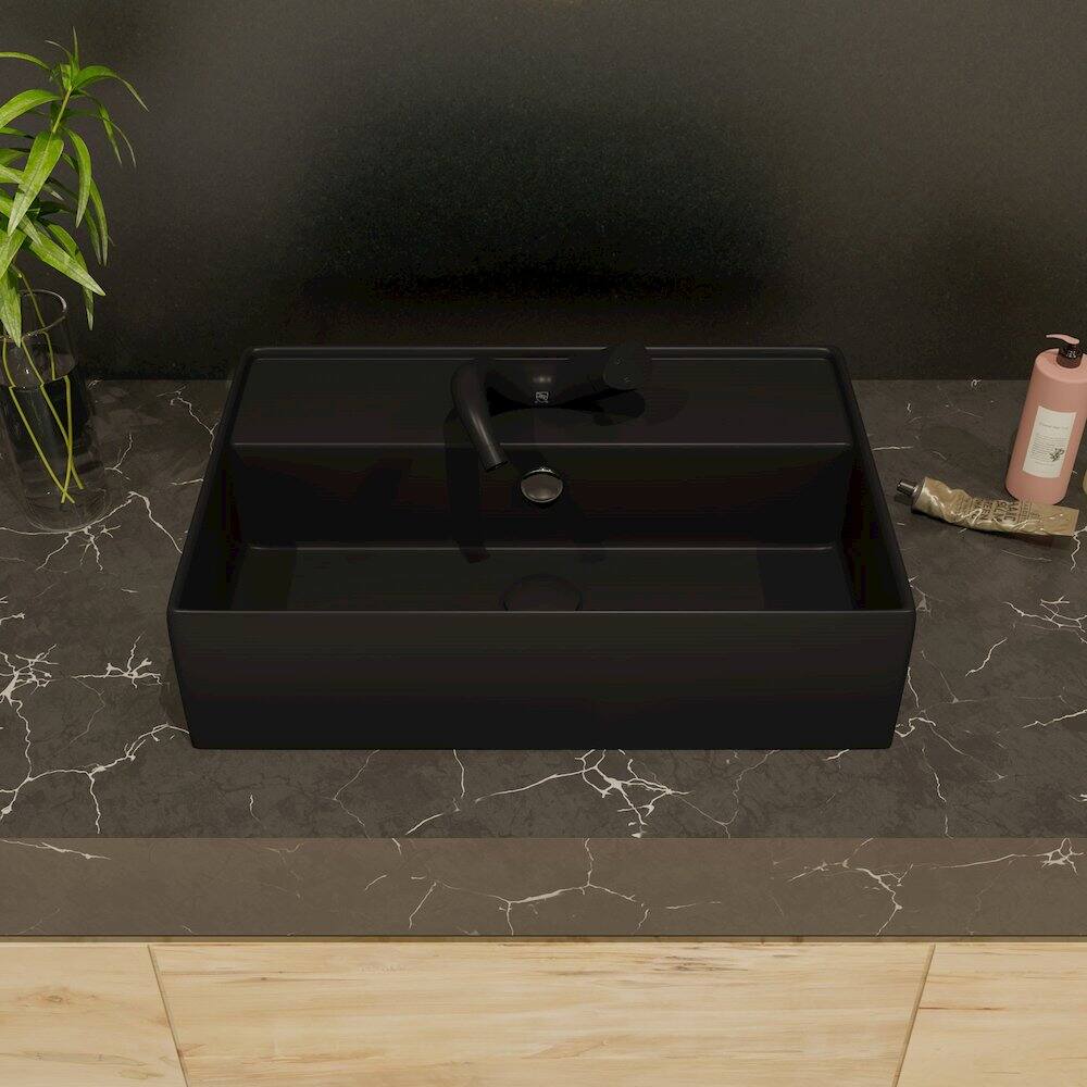 Left. Alfi - Black Matte 24" Modern Rectangular Above Mount Ceramic Sink with Faucet Hole - Black.